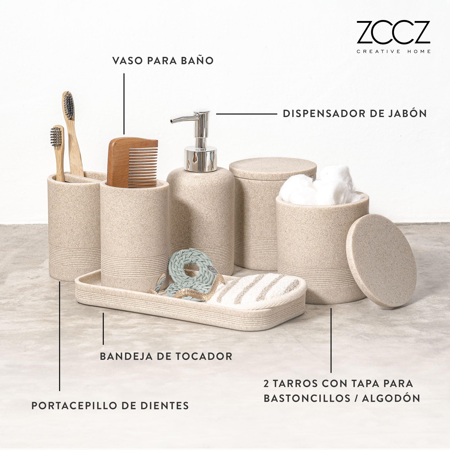 Juego de 6 Accesorios de baño Beige con Dispensador de jabón y Organizador Decorativo para encimera