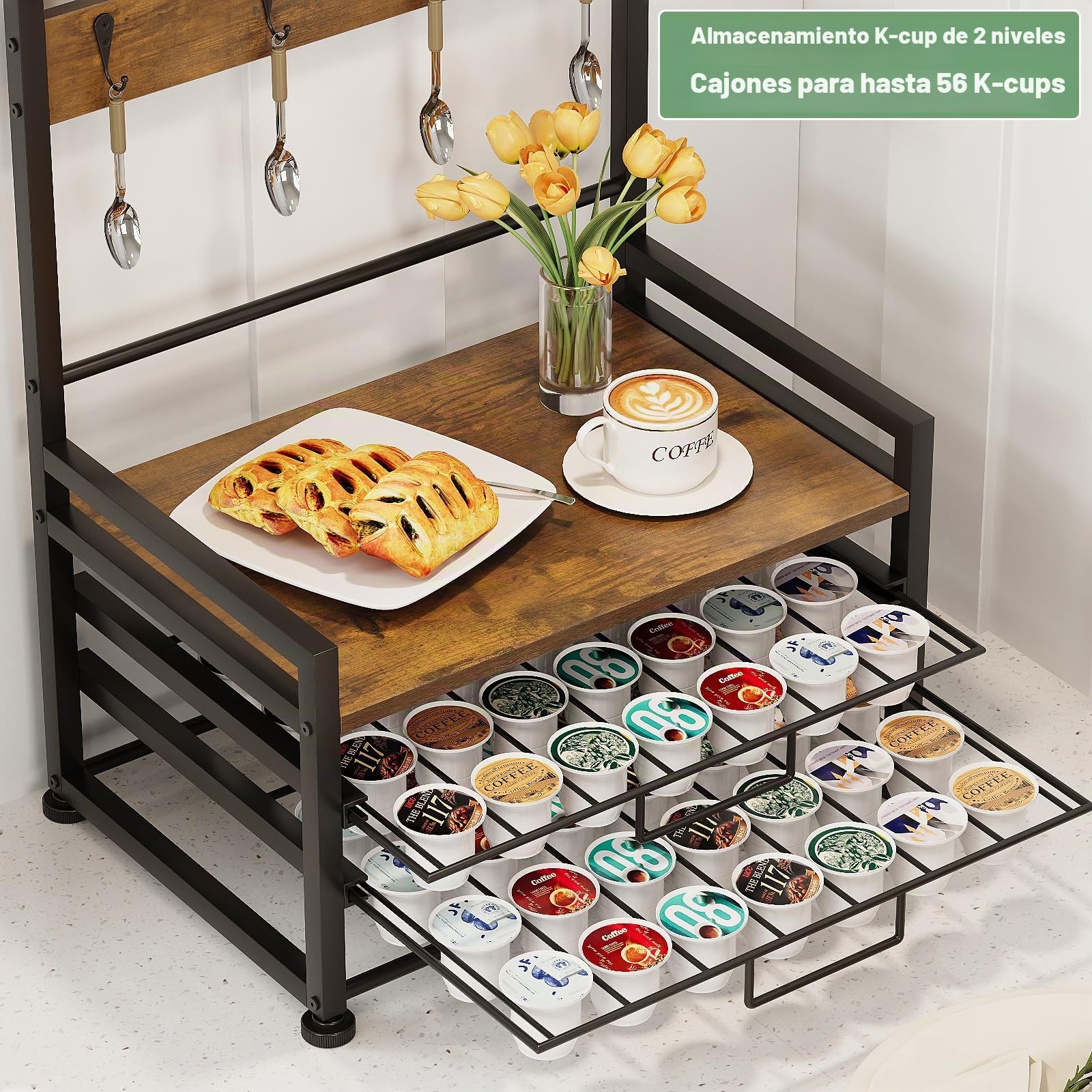 Soporte para cápsulas de café de 3 niveles con cajón para 56 cápsulas, 8 ganchos para tazas, jarabe y especias, estante para cocina, cafetería, oficina, encimera, marrón