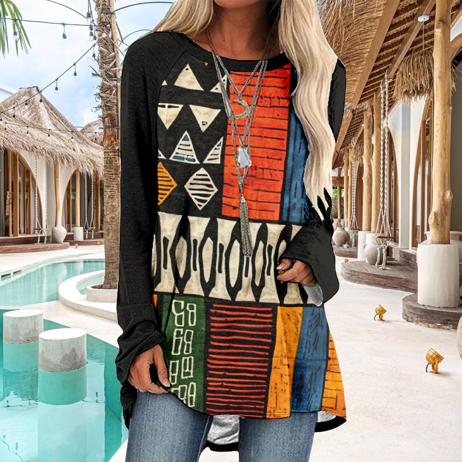 Bengbobar Women's Patchwork Shirt Tops Casual Crew Neck Long Sleeve Pullover Loose Floral Print Bohemian Blouse Plus Size