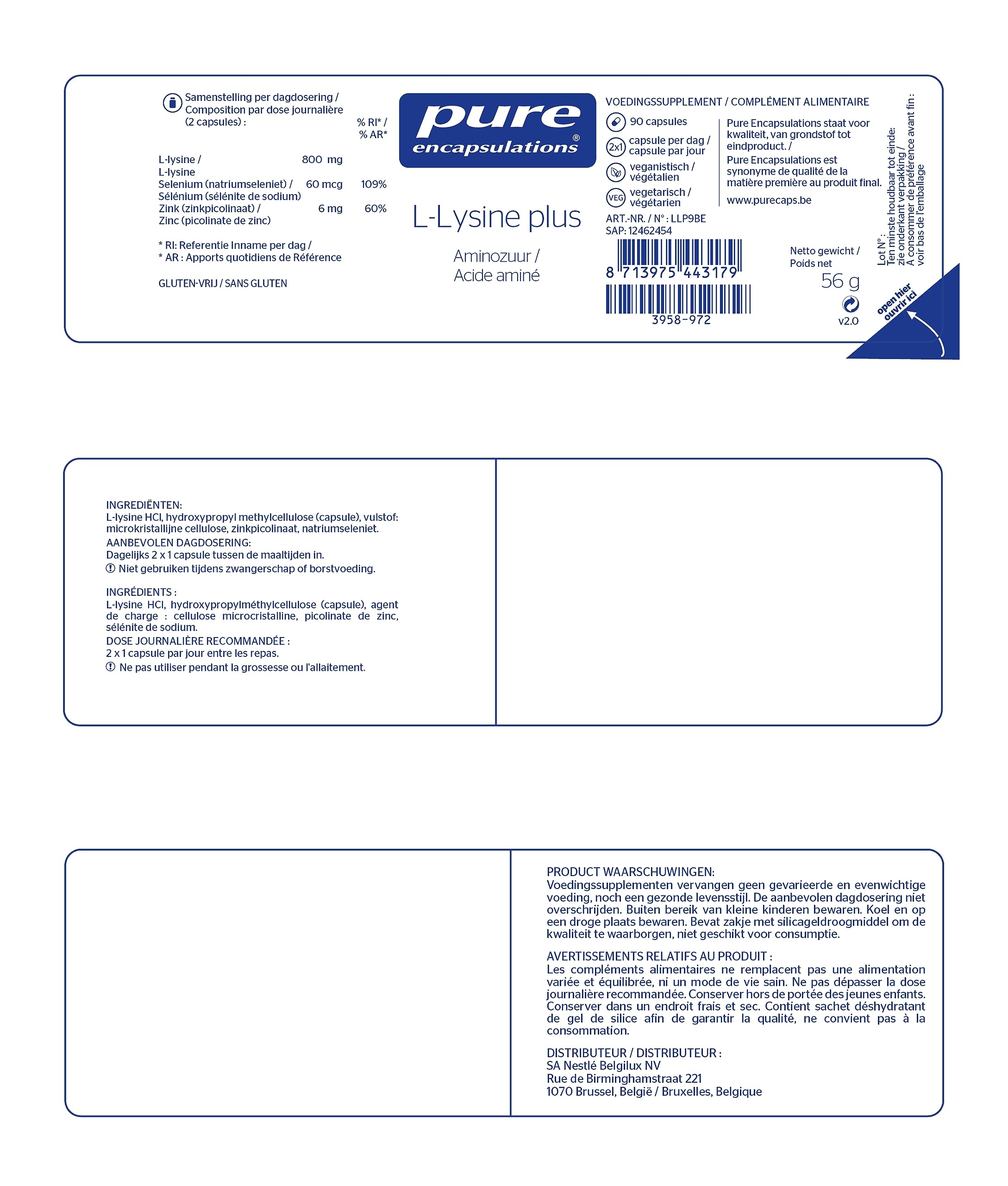 Pure Encapsulations - L-Lysine Plus 1500mg - Doelgerichte Voorziening bij Verhoogde Behoefte - 90 Capsules