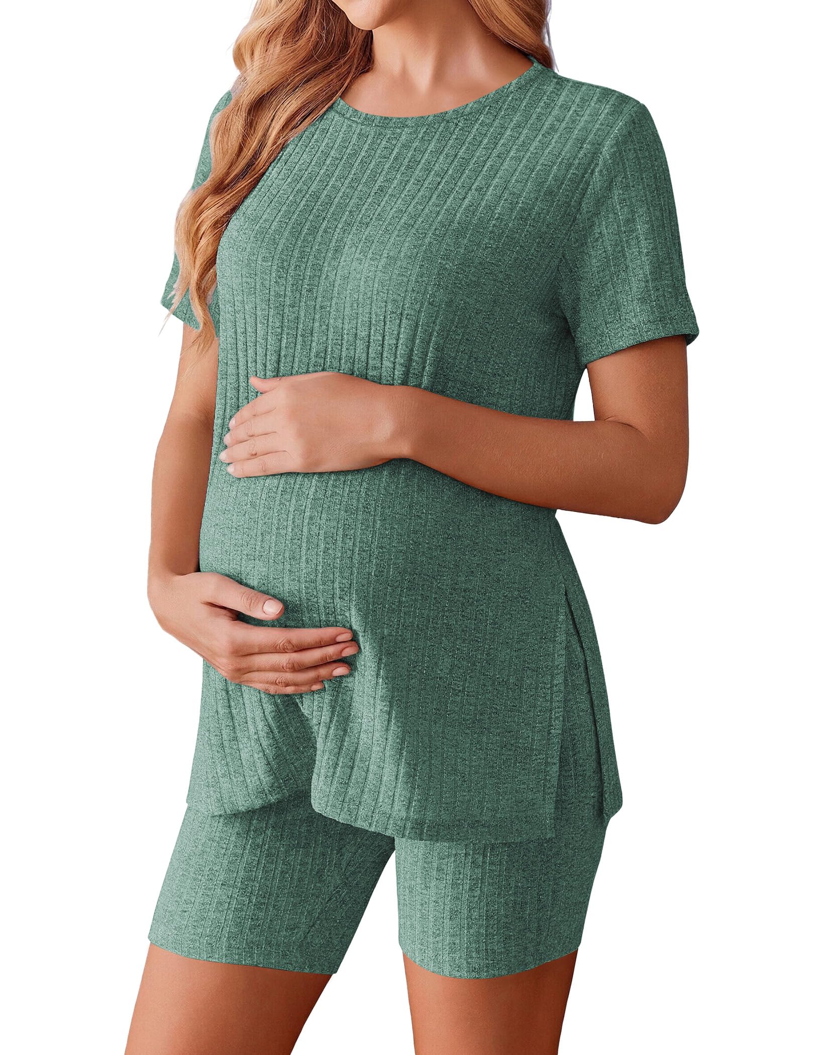 Ekouaer Women's Maternity 2 Piece Sets Short Sleeve Shirts and Biker Shorts