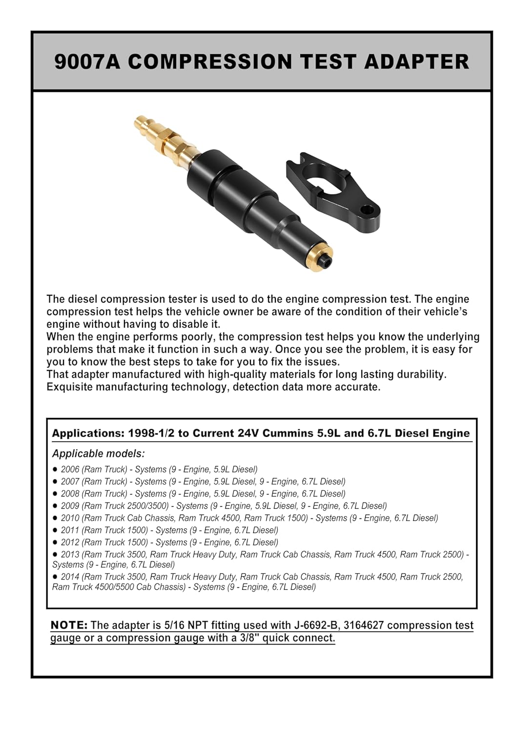 ‎ROUTEKING 9007A 9007 Compression Test Adapter, Fits for 24V Cummins 1998-1/2 to Current 5.9 6.7 Liter Diesel, Used with J-6692-B Compression Test Gauge