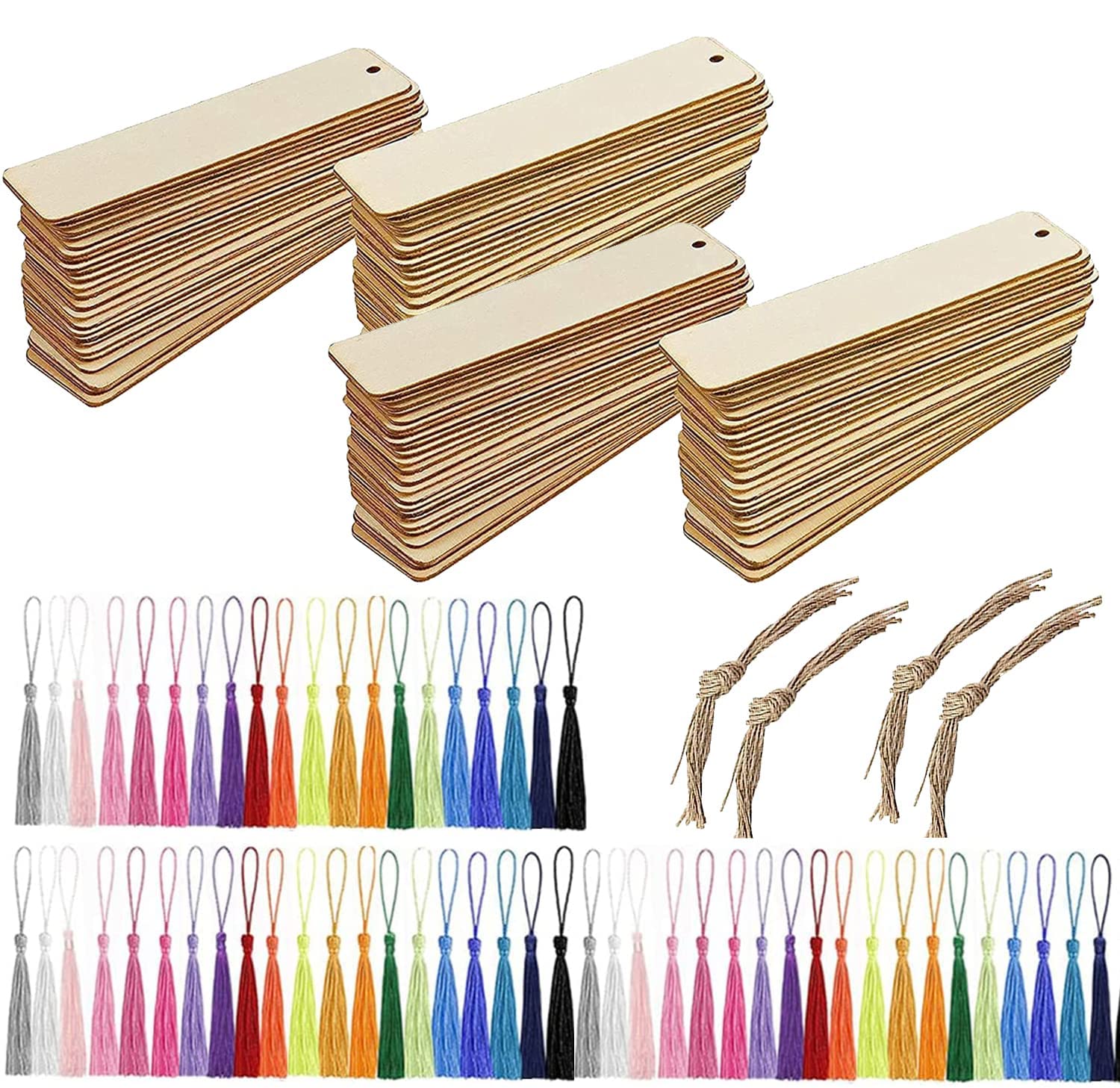 Marcapáginas de Madera en Blanco Kit, BetterJonny Marcadores de Libros con Agujeros 72 Etiqueta de Marcadores de Maderacon de Bricolaje 60 Mini Borlas y 72 Cuerdas de Cáñamo para Bricolaje Decoración