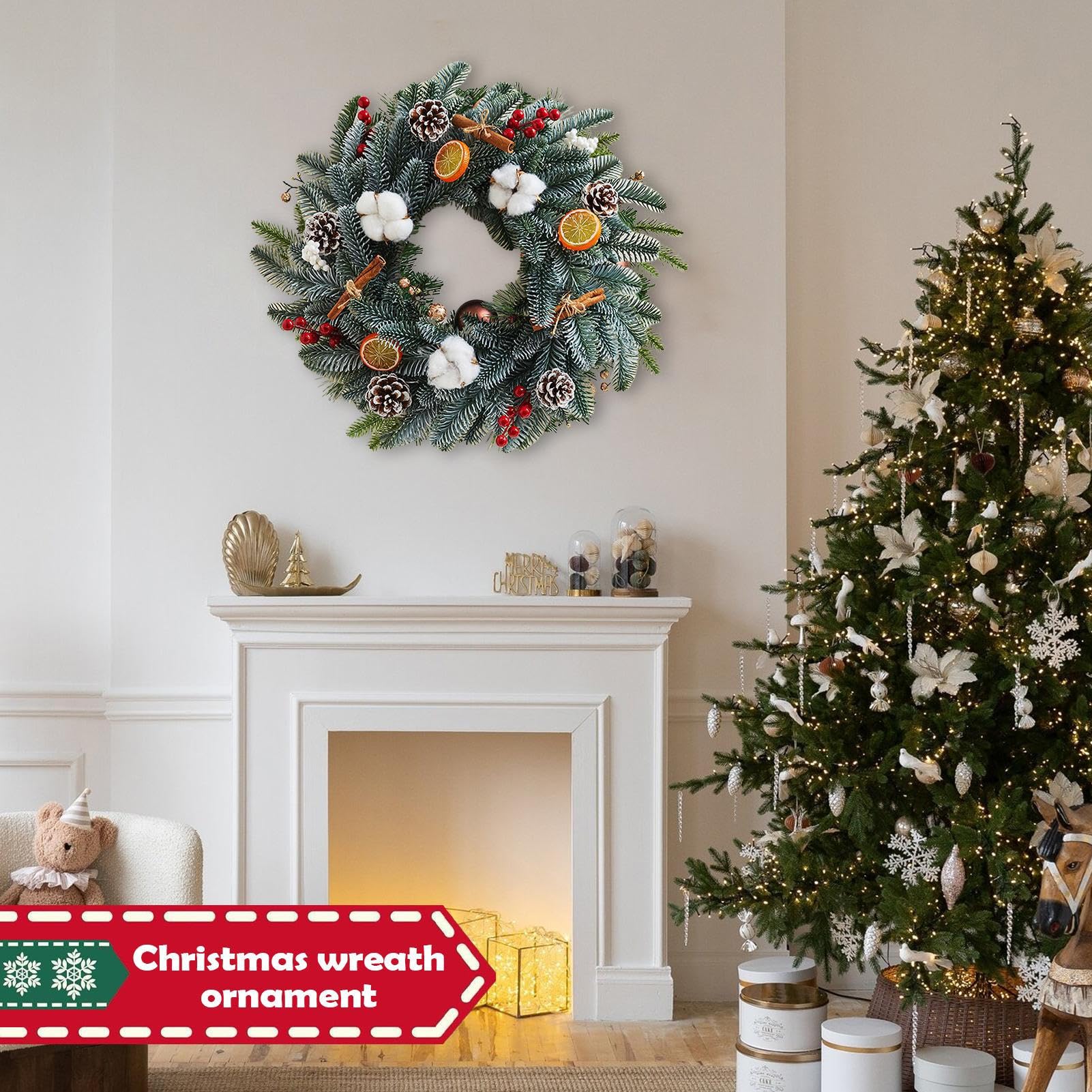 Guirnalda de Navidad – Coronas para puerta delantera, corona verde artificial, decoración del hogar, agujas de PVC de aspecto natural, fácil de colgar, repisa de pared y ventana