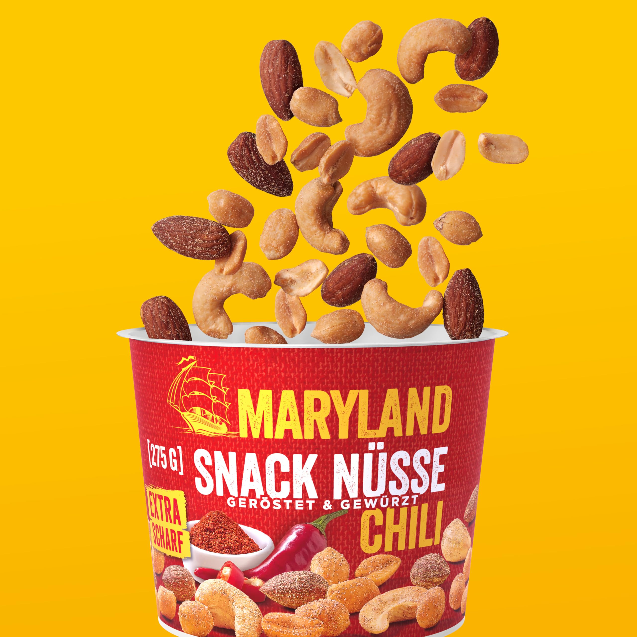 Maryland Snack Nüsse Chili 275g Becher Vorratspack - Erdnüsse, Cashewkerne und Mandeln in Nussmischung - knackig-scharf gewürzt und geröstet - wiederverschließbarer Becher (6 x 275g)