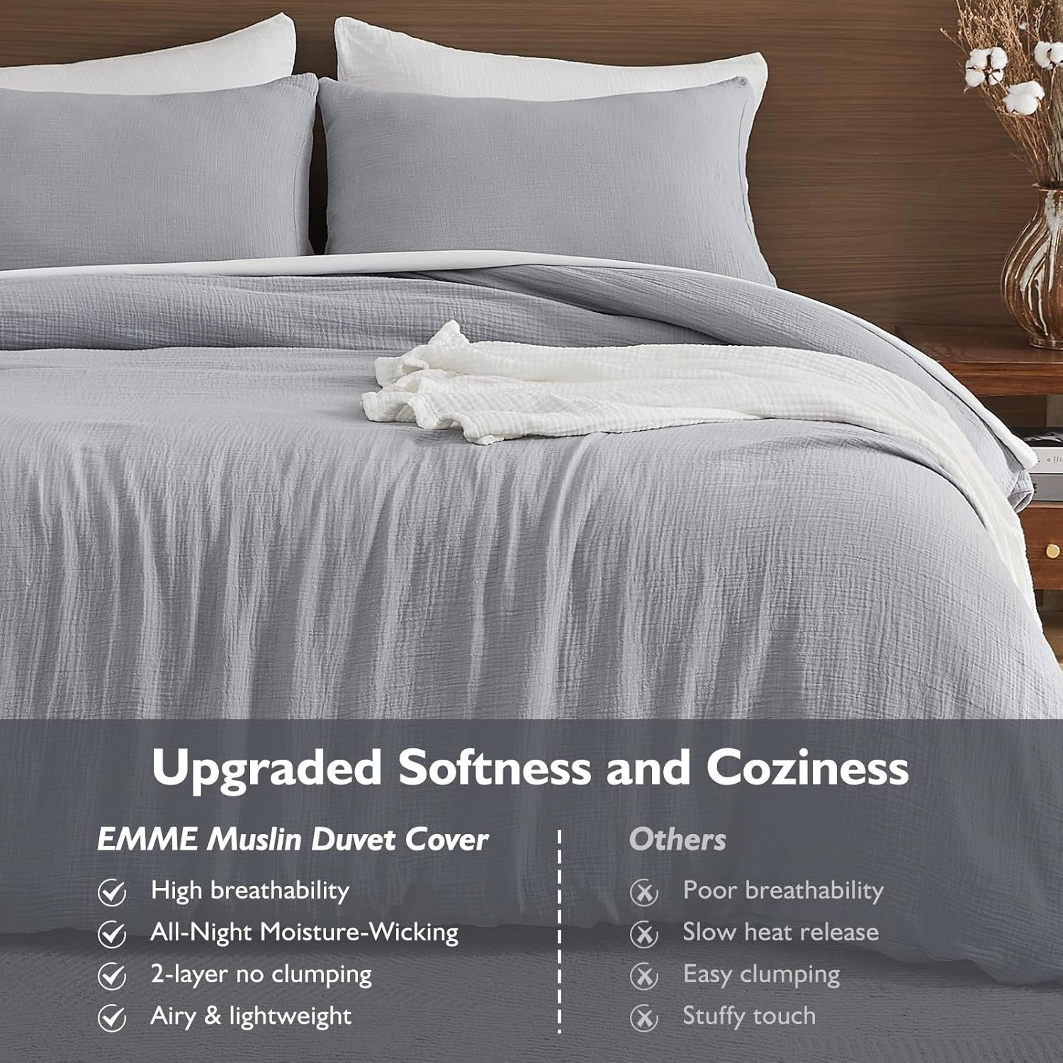 EMME Muslin Cotton Duvet Cover Set Light Grey Queen Size Linen Like Soft Breathable Lightweight Summer Comforter Cover Set with Zipper Closure (Light Grey, Queen, 90"x90")