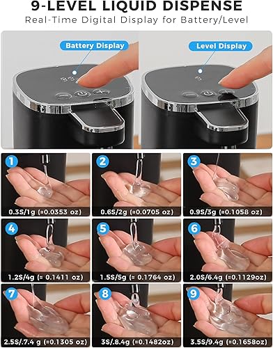 Miniatura 3 de Dispensador automático de jabón líquido, recargable de 12.8 onzas, niveles de líquido ajustables, IPX5 impermeable, sin contacto y uso de paredmesa
