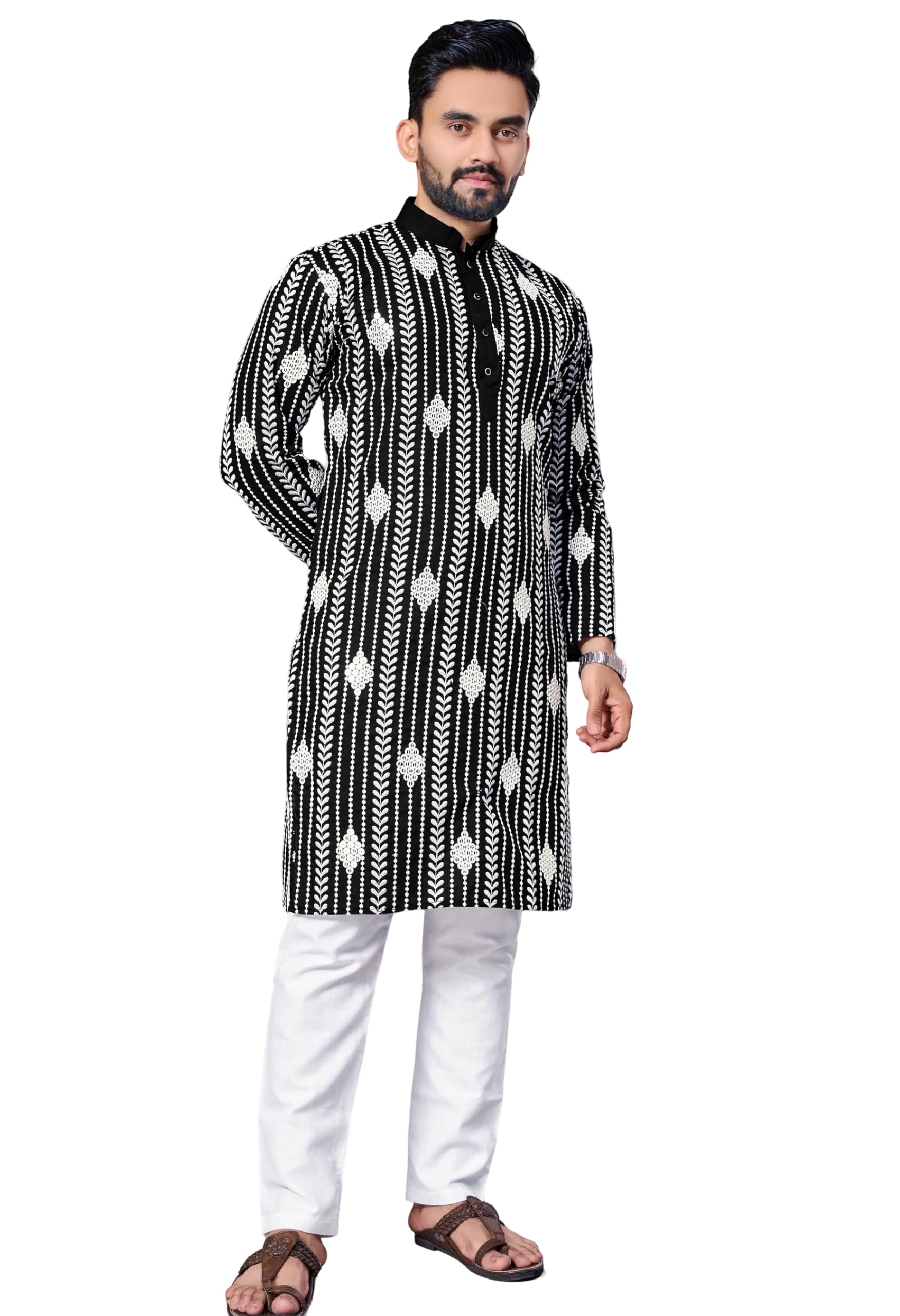 foxdx Men's Traditional Cotton Embroidery Mirror for Men Only Kurta-picture-25