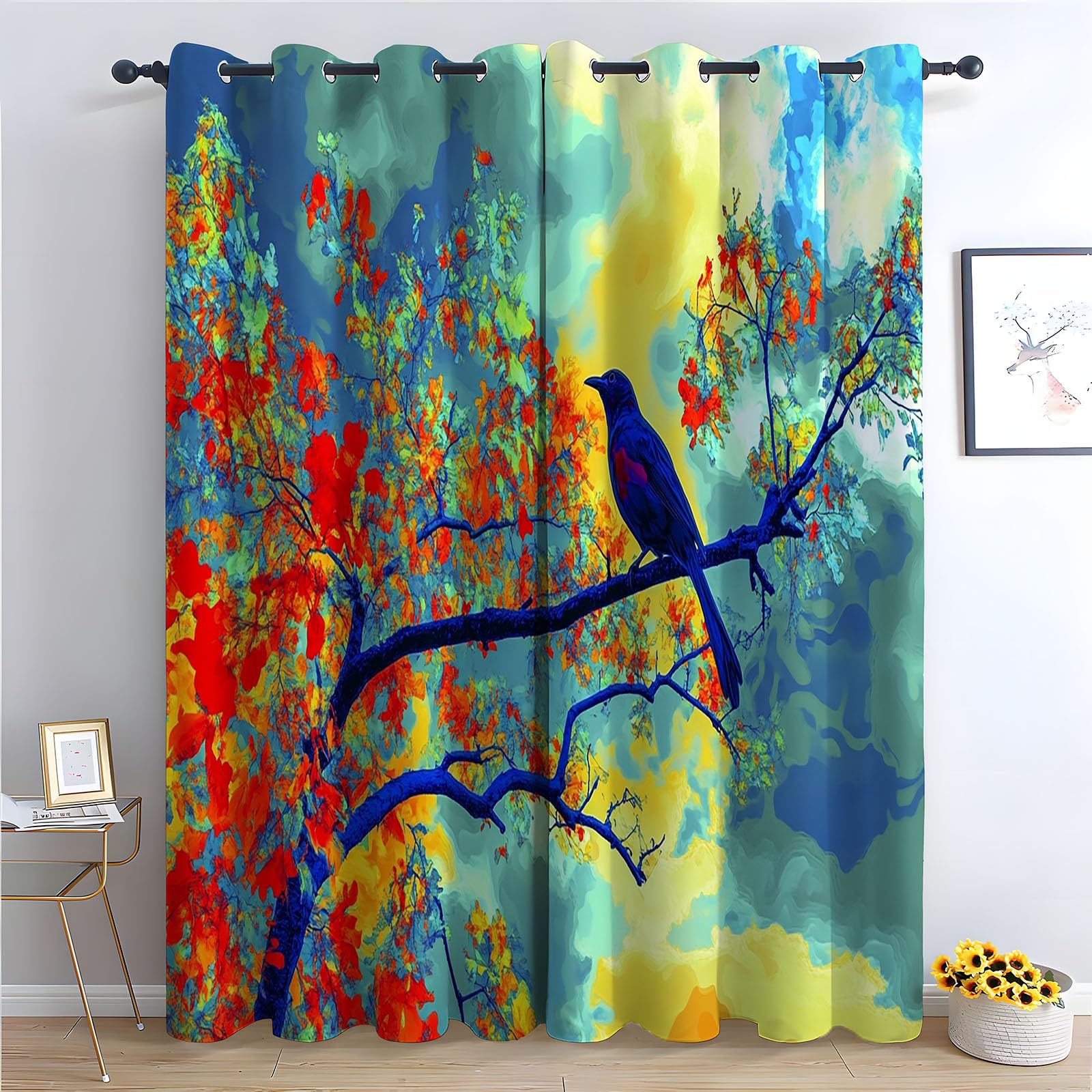 Rideaux de paysage oiseau bleu occultant la lumière et décorant les fenêtres de chambre