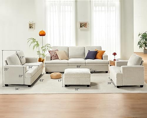 Miniatura 6 de VanAcc Sofá, moderno juego de sala de estar con asientos extra profundos, cómodo sofá y sofá para sala de estar, apartamento, salón, felpilla beige