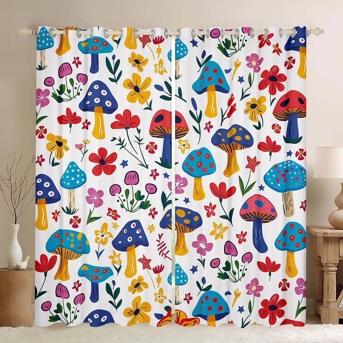 Kids Mushroom 30%-50% Blackout Curtains for Teen Girls Room Decor,Cute Red Mushroom Window Treatments Drapes for Bedroom 2 Panels,38X45 Inch,Wildlife Plant Leaves Curtain,Green Window Curtain