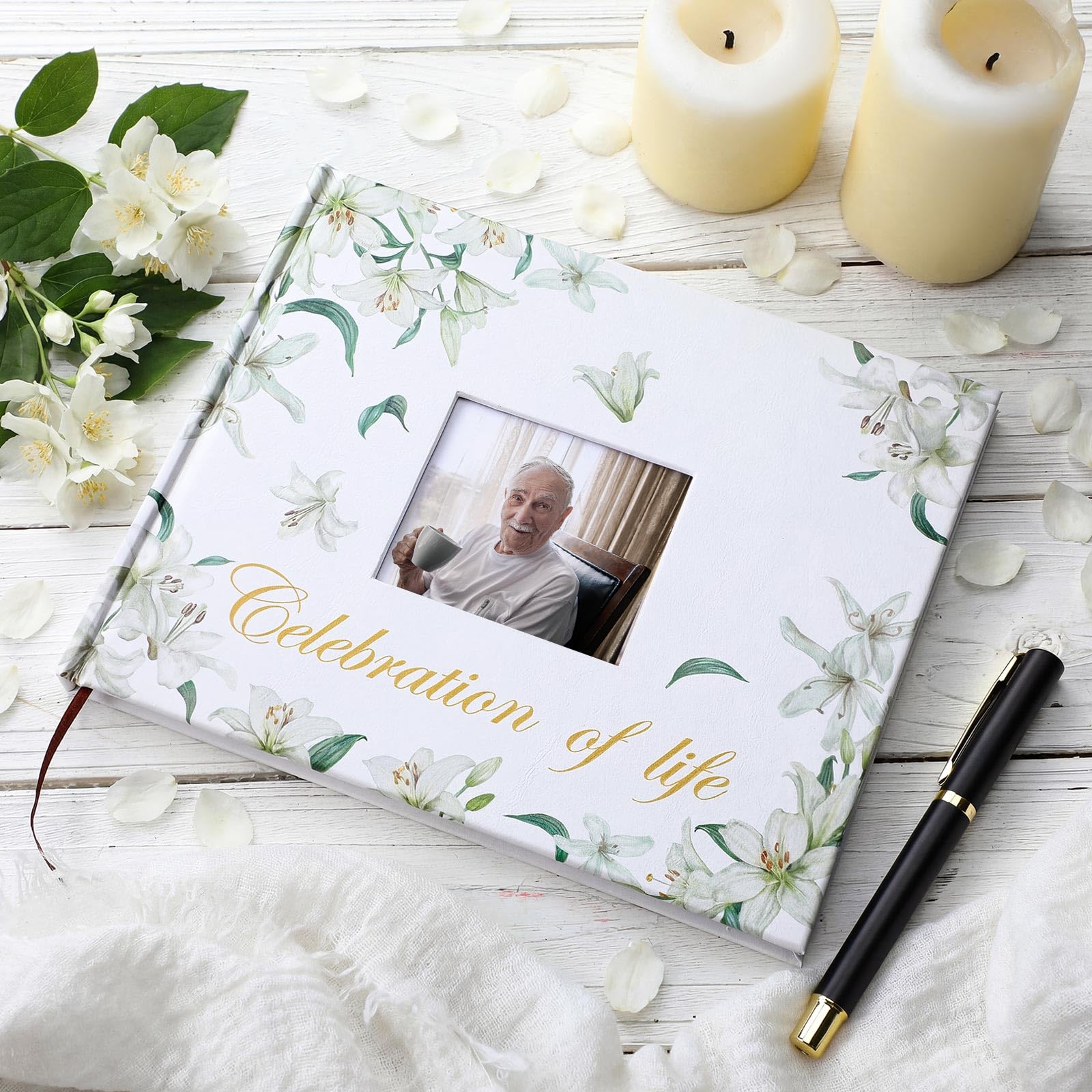 Patelai Funeral Guest Book with Pen, White Flower