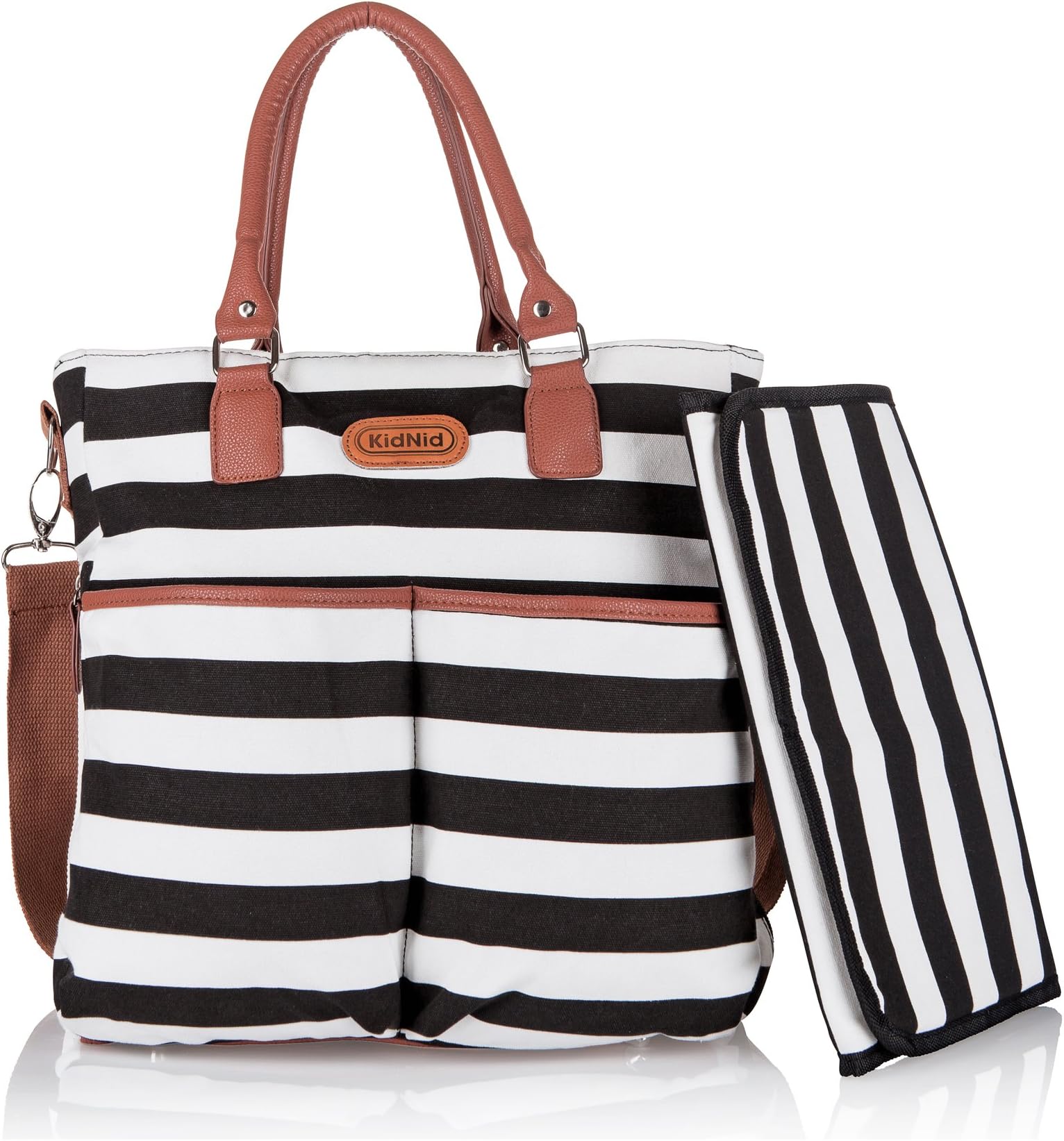 Designer Baby Diaper Bag - Cotton Messenger Organizer Tote with Changing Pad, Black & White, 14-Inch