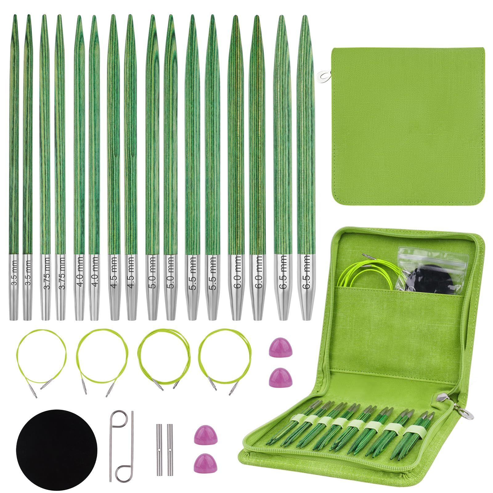 Hobekoee Interchangeable Circular Knitting Needles Set,8 Pairs Birch Wood Interchangeable Knitting Needles Set 3.5mm-6.5mm with Cables,Accessories and Case