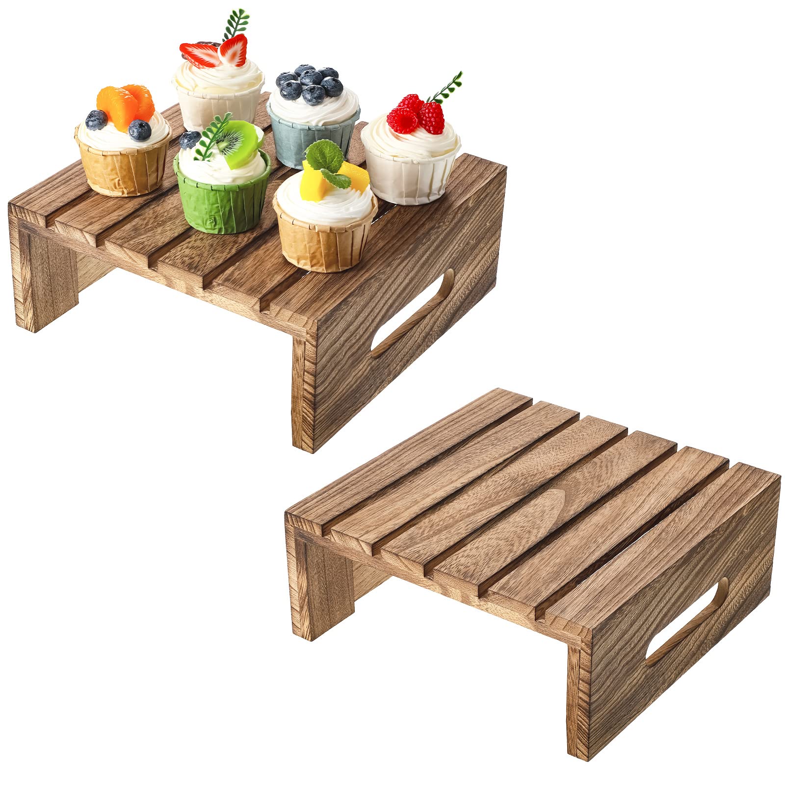 Rustic Brown Burnt Wood Cake Stand Wooden Cupcake Display Stand Risers Dessert Stands Appetizer Buffet Display Holder Cake Stand Risers for Christmas Wedding New Year's Day Party Food, Set of 2