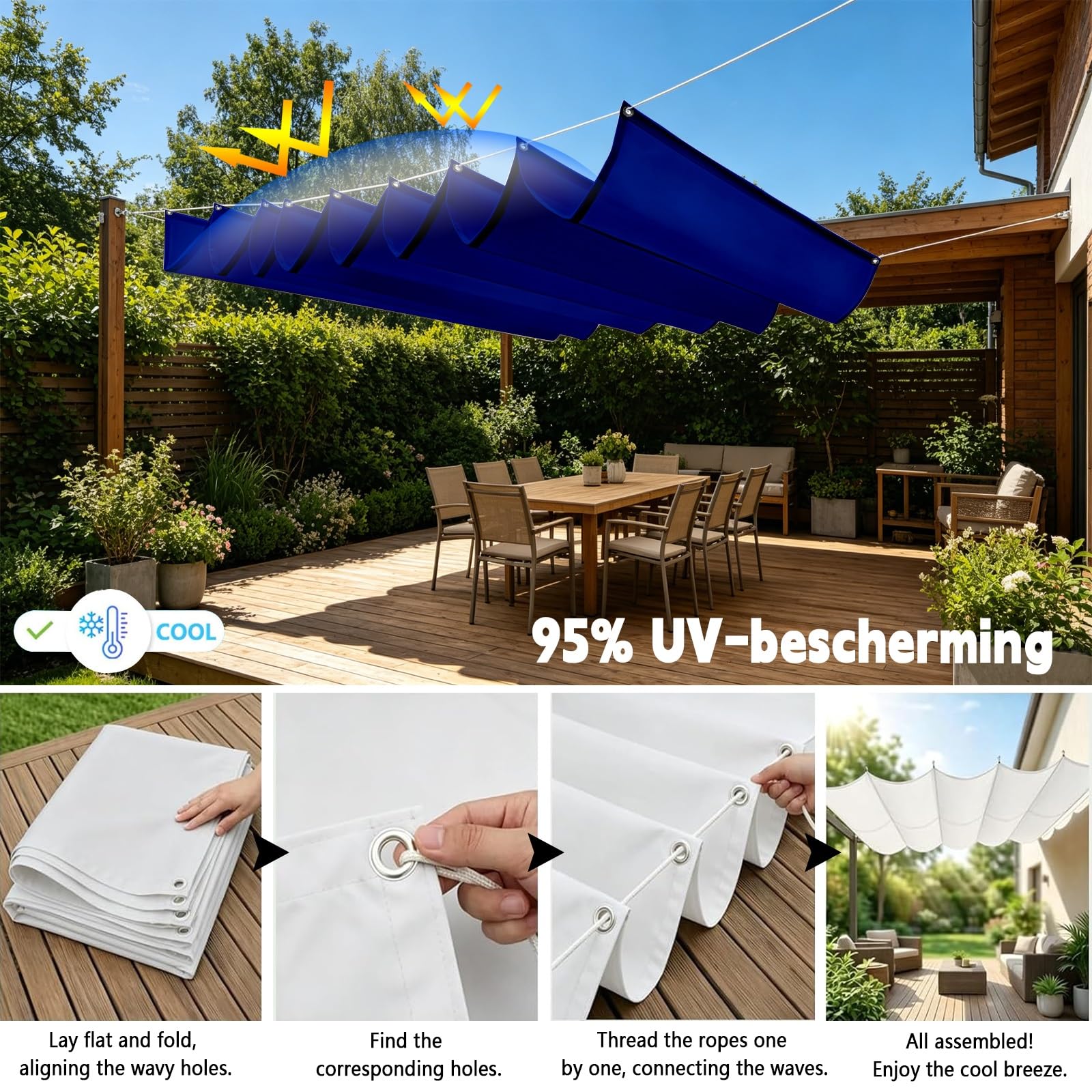 Toldo Retráctil de Onda 100 x 750 cm con Ojales y Cuerda, Vela Sombra Impermeable y Rectangular con Bloqueo UV y Resistencia a Desgarros para Jardín Porche Patio Barbacoa, Azul Oscuro