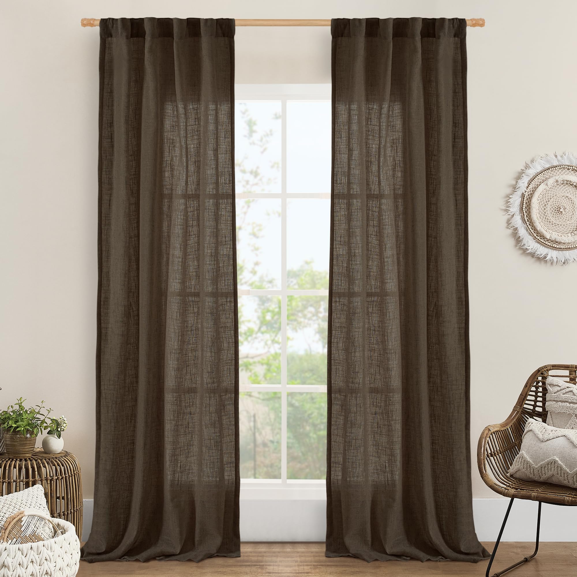 LAMIT Dark Brown Linen Boho Curtains 84 inch Length 2 Panels, Light Filtering Semi Sheer Panels Back Tab and Rod Pocket Neutral Drapes for Bedroom/Living Room, 34 x 84 Inch