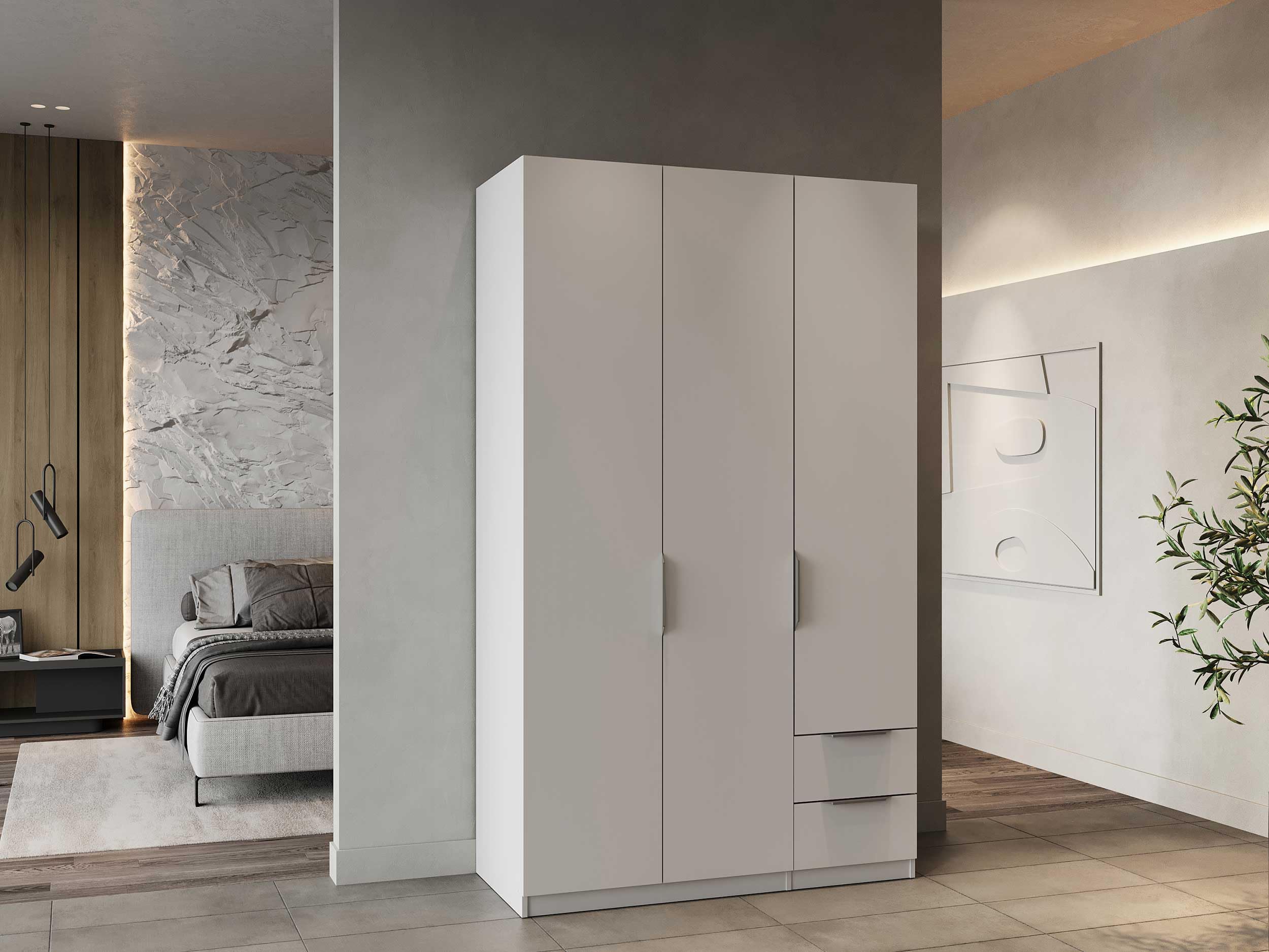 Armoire Dressing avec Penderie Moderne 3 Portes 2 Tiroirs 4 Niches – Coloris Blanc Mat - 119,4 x 51,1 x 203 cm