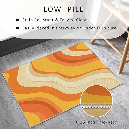 Miniatura 4 de Abstract Wavy Rug 8x10 for Bedroom, 70s Retro Patterned Living Room Area Rug, Orange Swirl Stripe Room Decor, Washable Soft Thin Carpet with Non