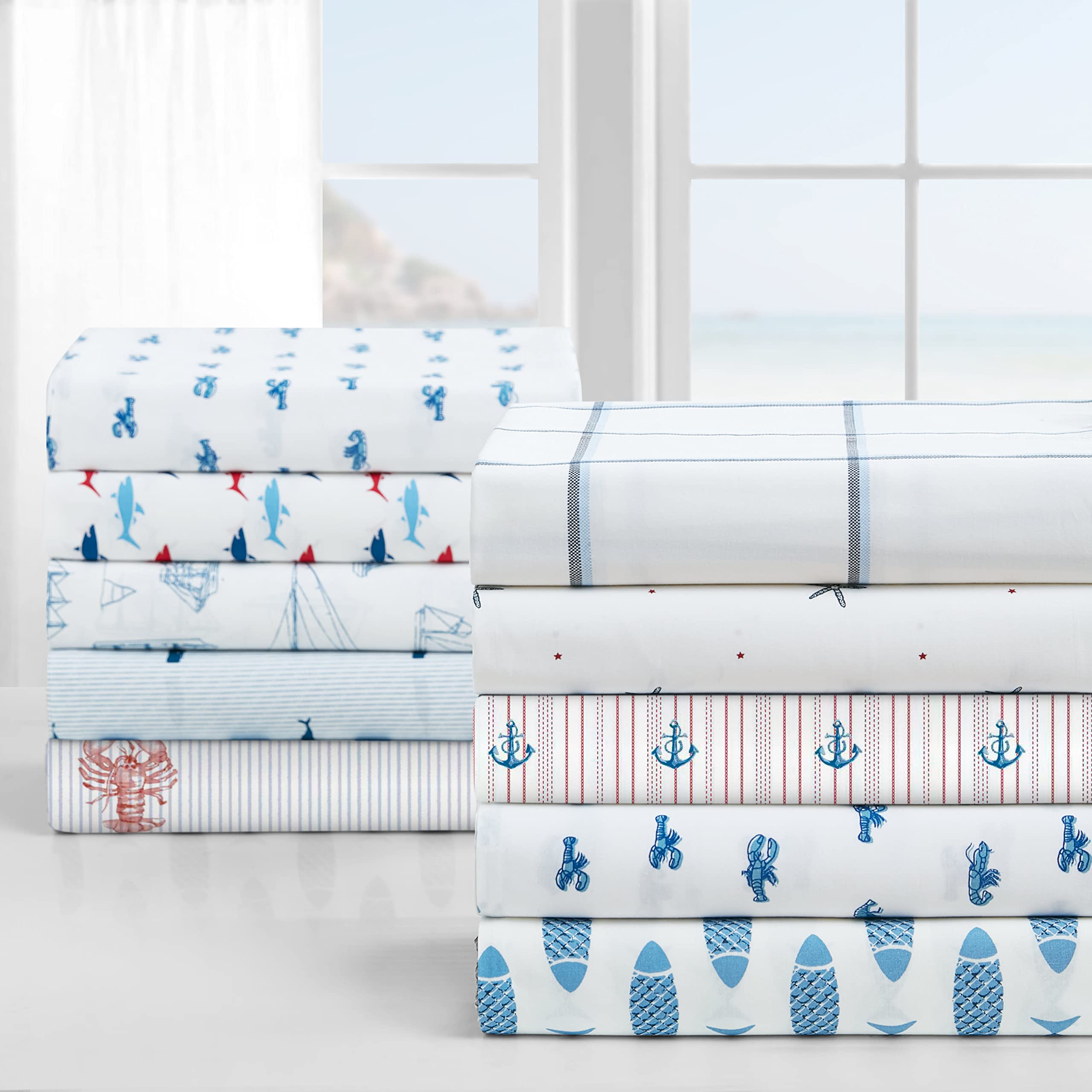 Nautica Set Lenzuola Letto Matrimoniale XL In Percalle Di Cotone - Whale Stripe Blu - 200 Fili, Tasca Profonda 38cm