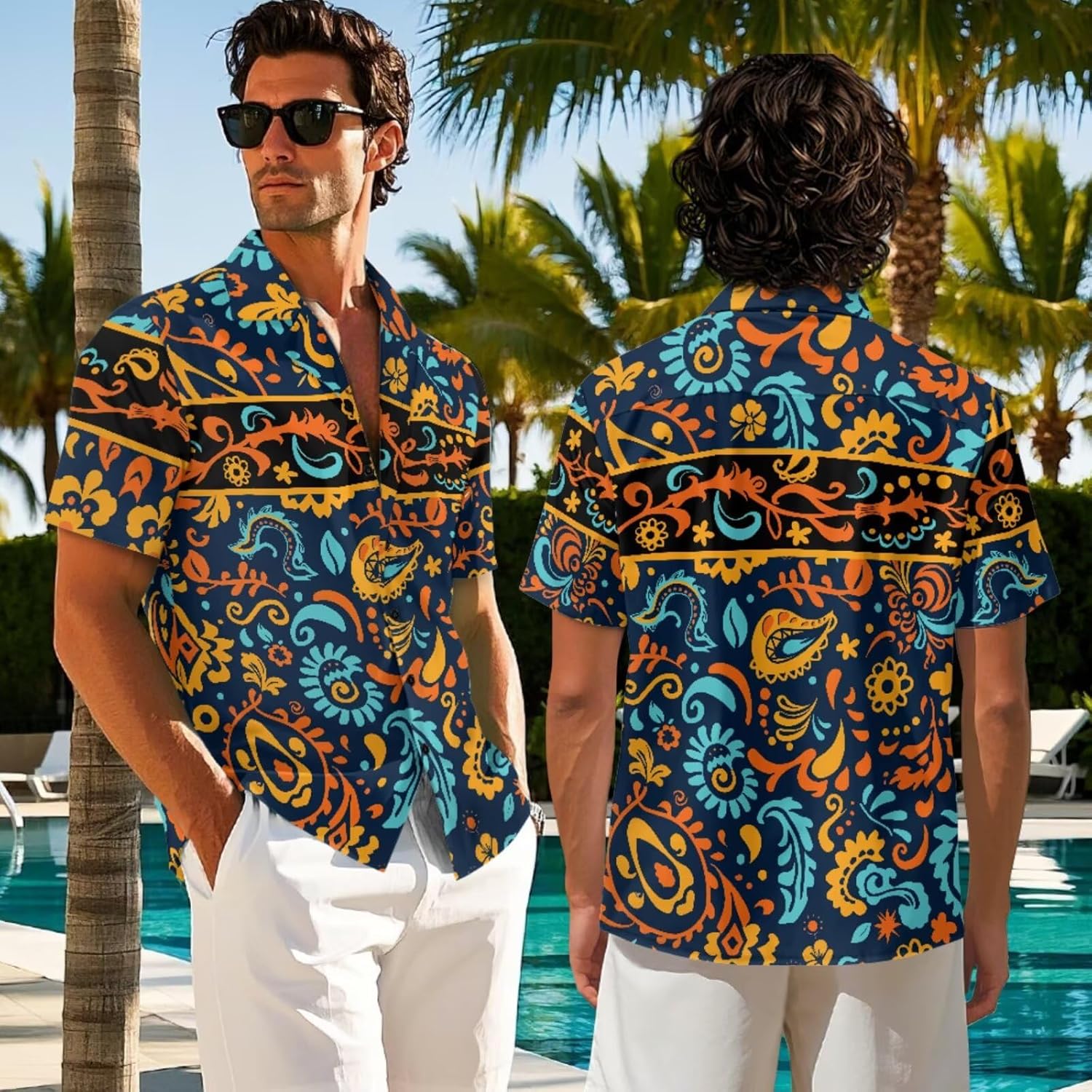 TOADDITDO Matching Hawaiian Couple Outfit Mens Button Down Aloha Shirts Womens Sundress Sleeveless A Line Flowy Tank Dress