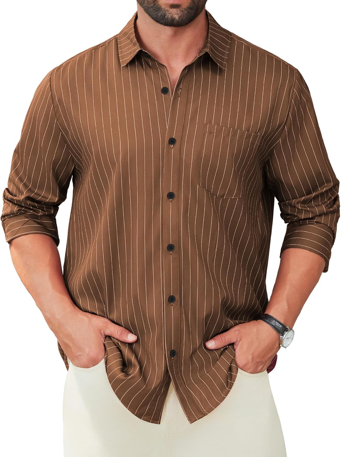 Hardaddy Men’s Casual Striped Shirts Button Down Long Sleeve Blouse for Men Fall Winter