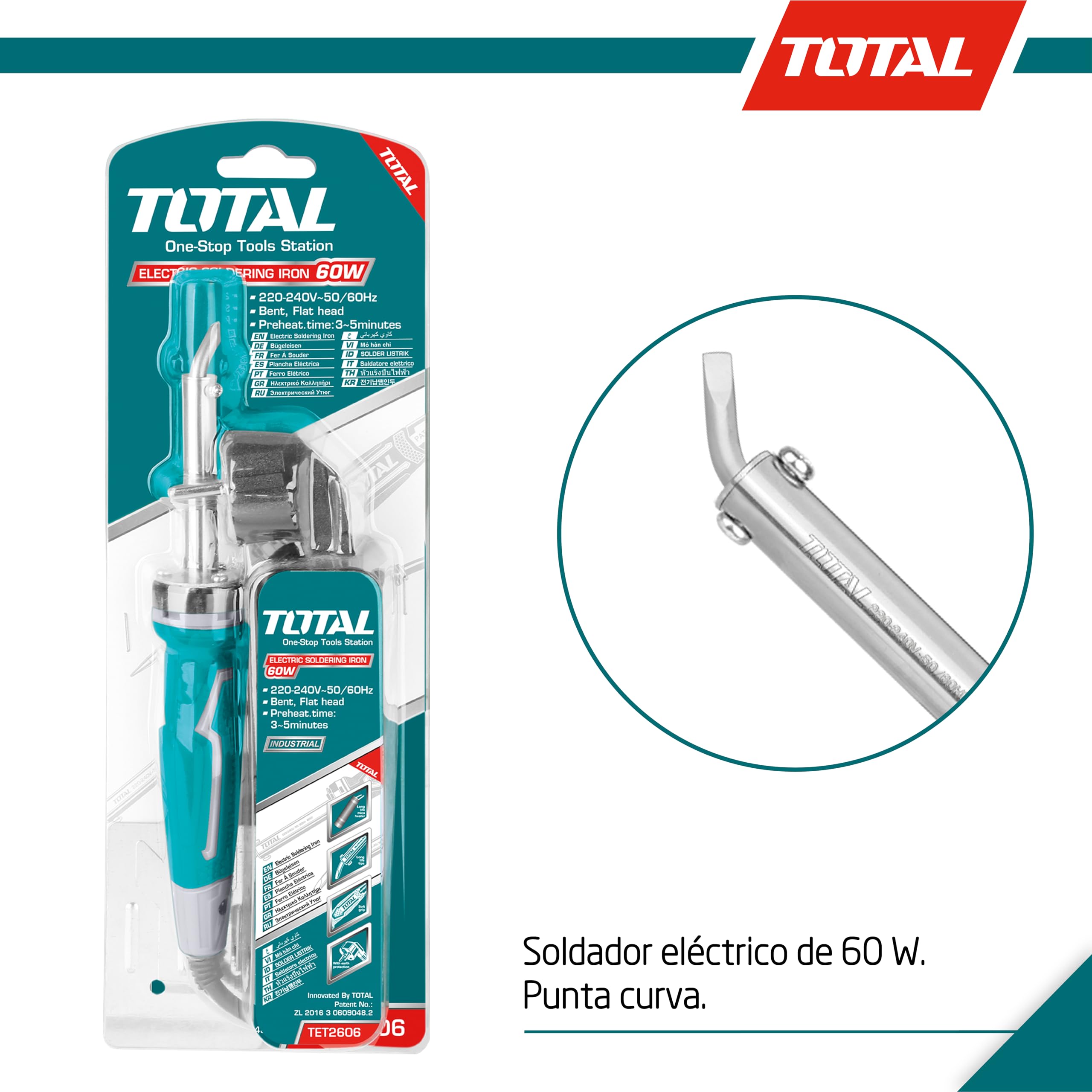 TOTAL - Soldador Eléctrico de Punta Curva de Cable con Potencia de 60 W - Calentamiento en 3-5 minutos - Incluye Soporte - 220-240 V - Adecuado para Manualidades