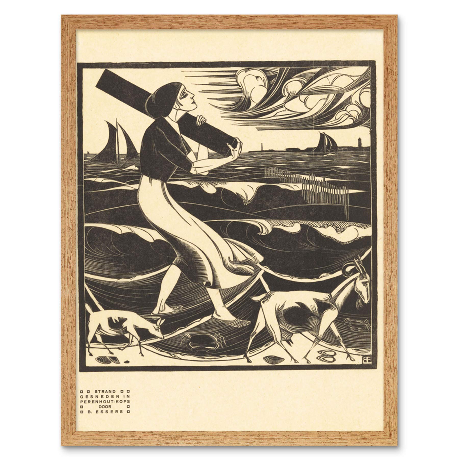 Artery8 Bernard Essers Beach Woman Goats Bw Seascape Art Print Framed Poster Wall Decor 12x16 inch