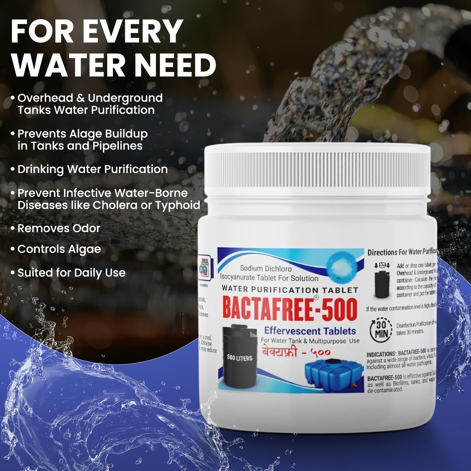 Bactafree 500 Water Purification Tablets - Each Tablet for 500 Litres, 50 Tablets Pack - Water Treatment and Disinfectant Tablet for Overhead & Underground Tank - 25,000 Litres Purification, Pack of 1 3