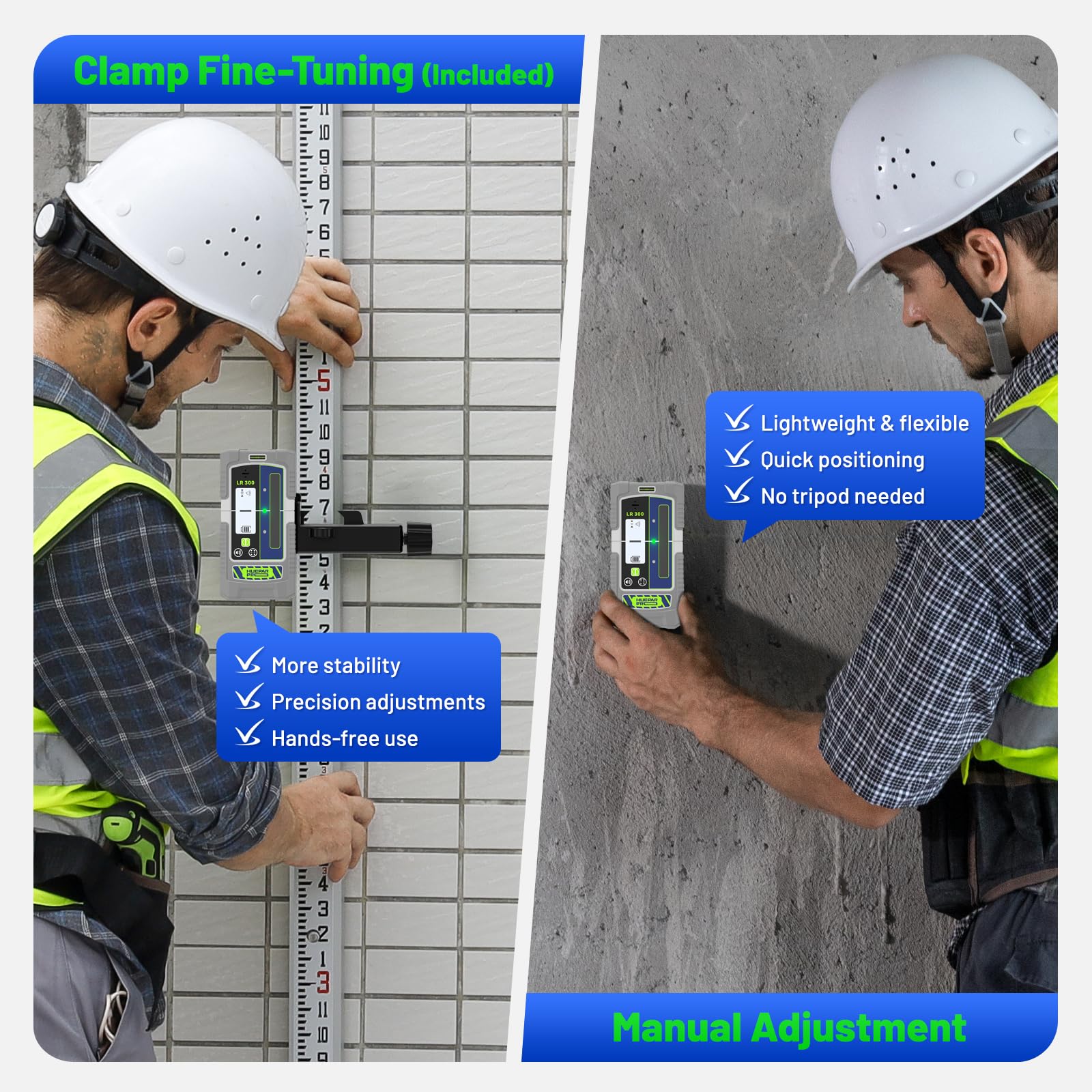 Huepar Pro Professional Laserempfänger Pulsmodus Liniendetektor für Laser-Levels, 60 m, Dual-Präzisions-Modi, IP65 wasserdicht, Magnetklemme, LCD+LED, 20-Stunden-Laufzeit