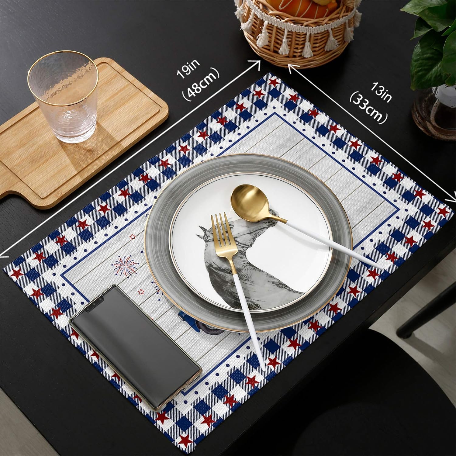 4th of July Patriot Placemats Set of 6 Truck USA Flag Independence Day Table Mats for Dining Table Stars Check Plaid Buffalo Wood Grain Patriotic Tablemat for Holiday Washable Heat Resistant