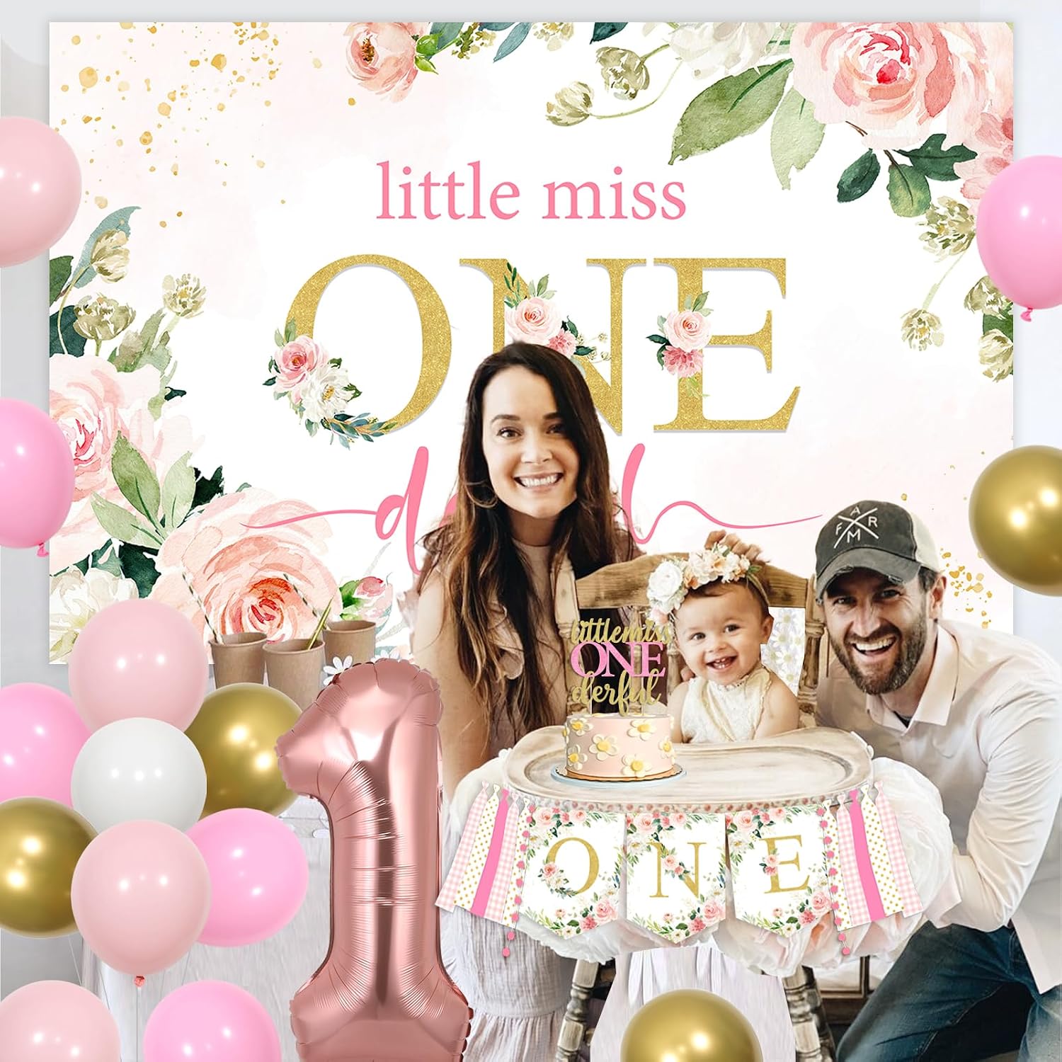 Miss Onederful 1st Birthday Decorations for Girl, Little Miss Onederful Backdrop Cake Topper, First Birthday High Chair Banner, Number 1 Balloon, Baby Girl One Year Old Birthday Party