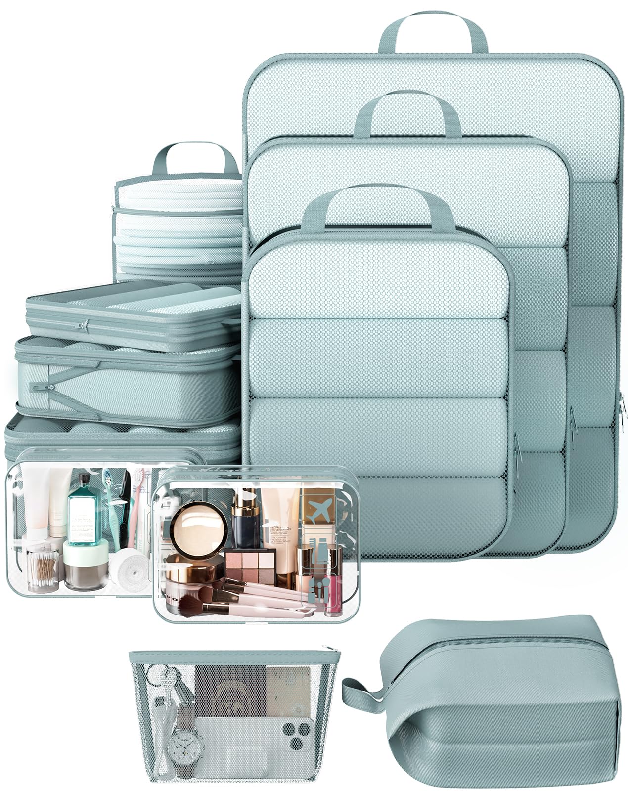 Veken 11 Set Compression Packing Cubes for Travel Essentials,Compressible Expandable Large Luggage Suitcase Organizer Bags for Clothing,Durable Space