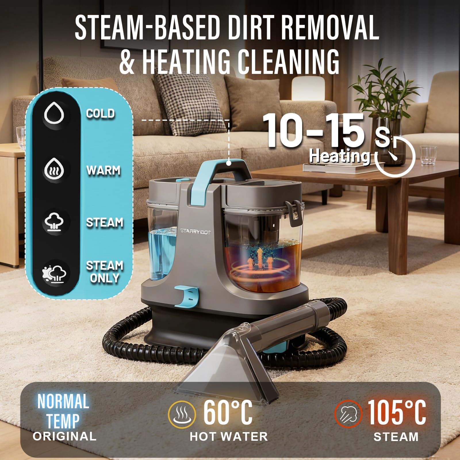 STARRYBOT Dampf- und Heiztechnologie 1500W Tragbarer Waschsauger Teppichreiniger, 18Kpa Nasssauger Polsterreiniger, Multifunktionaler Fleckenreiniger für Haustiere, Sofa, Teppiche & Treppen