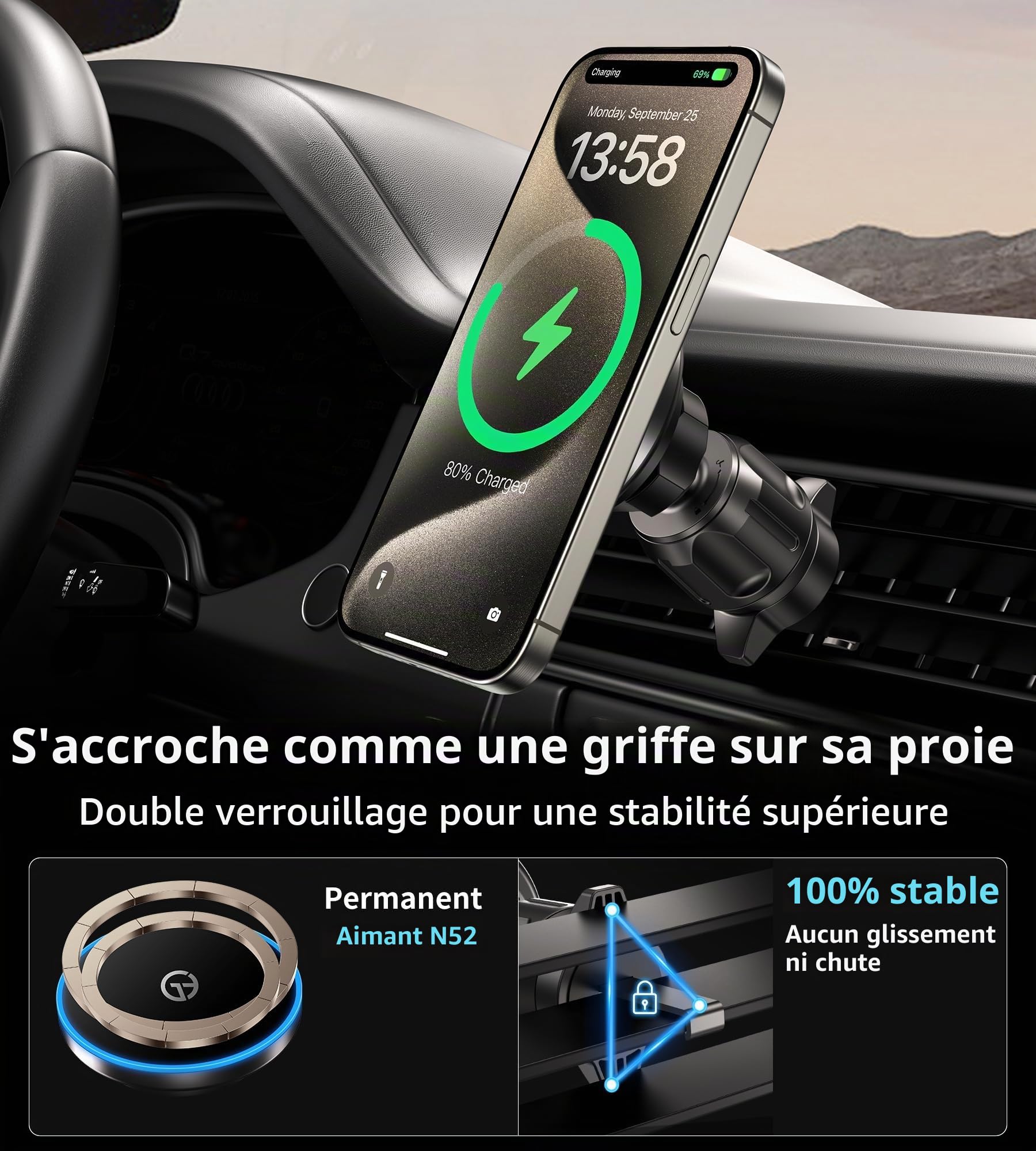 Porte Telephone Voiture avec 【LED Light】 Support Telephone Voiture Magnetique Chargeur Induction Voiture pour Tableau de Bord et Pare-Brise Sortie d'air pour i-Phone 17 16 15 14 13 12 Series