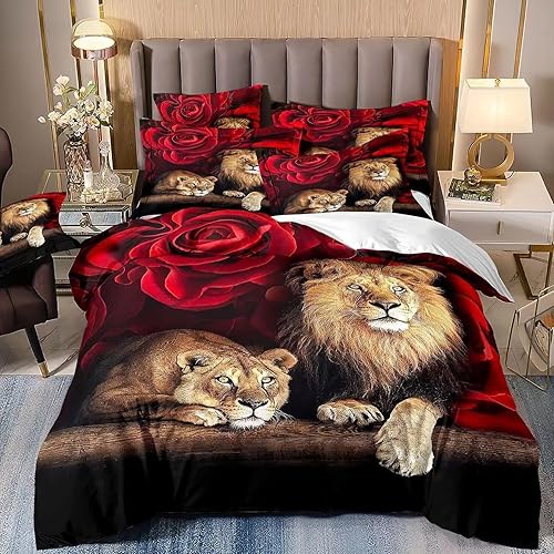 Miniatura 2 de Juego de funda de edredón de rosa de león, tamaño matrimonial, juego de ropa de cama de 3 piezas con estampado floral de animales para niños,