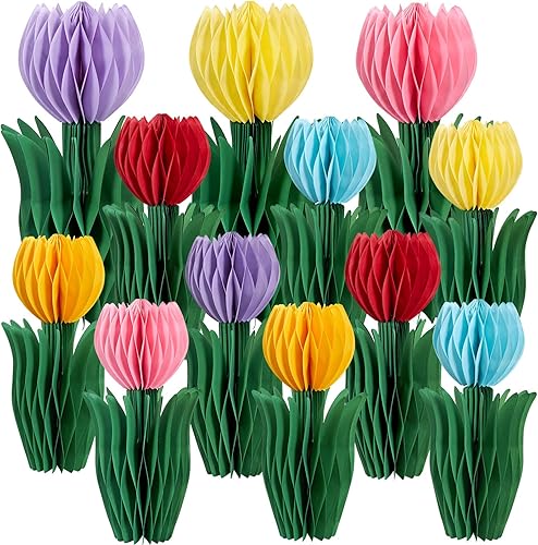 12 decoraciones de panal de tulipán, decoraciones de primavera para oficina, decoración de mesa de primavera, decoraciones de fiesta de tulipanes,
