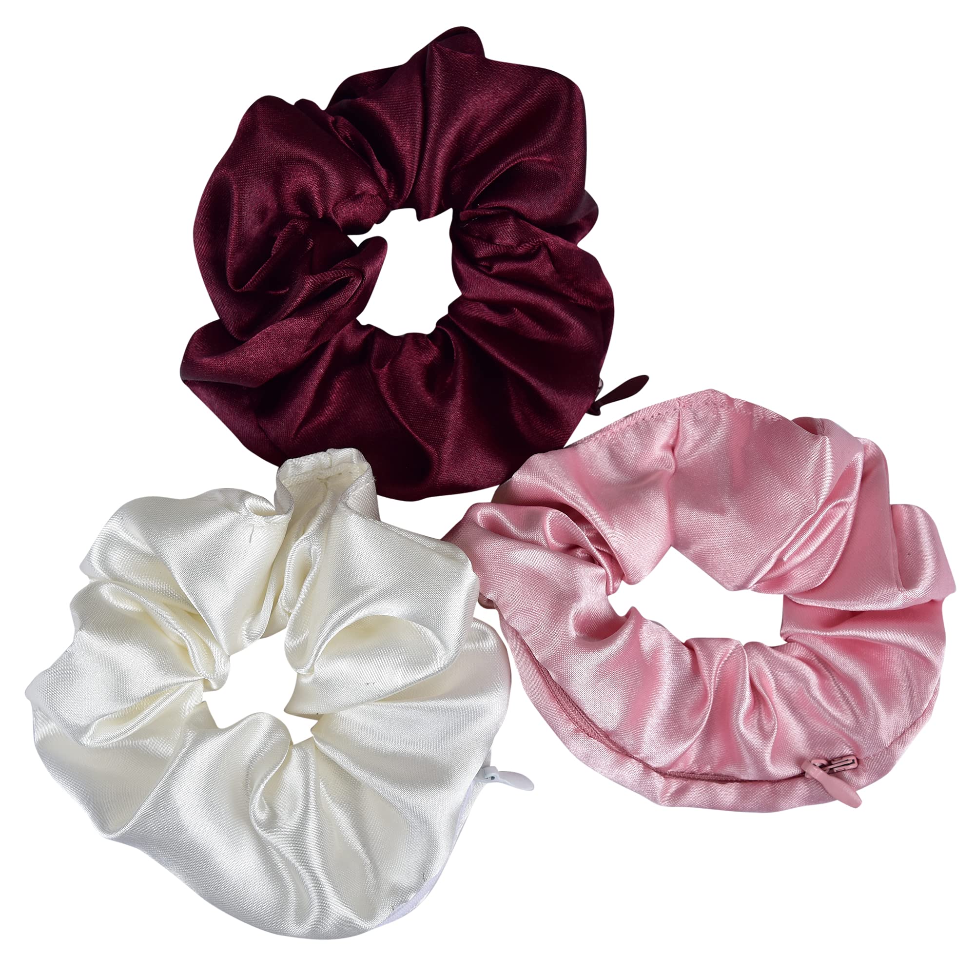 Nnr Satin Silk Scrunchies With Secret Zip Pocket Rubber Band For Girls And Women, Pack Of 3 Pcs - Multicolor 9-image-27