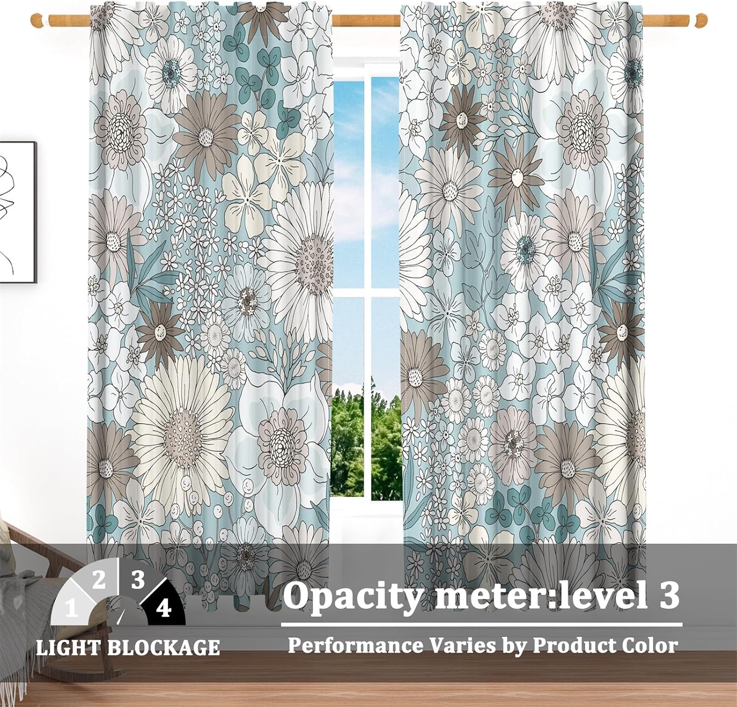 Renaiss 42 x 63 Inch Blue Floral Curtains Farmhouse Sunflower Daisy Light Filter Drapes for Living Room Bohemian Rustic Rod Pocket Linen Window Curtain Bedroom Window Treatments Decor 2 Panels