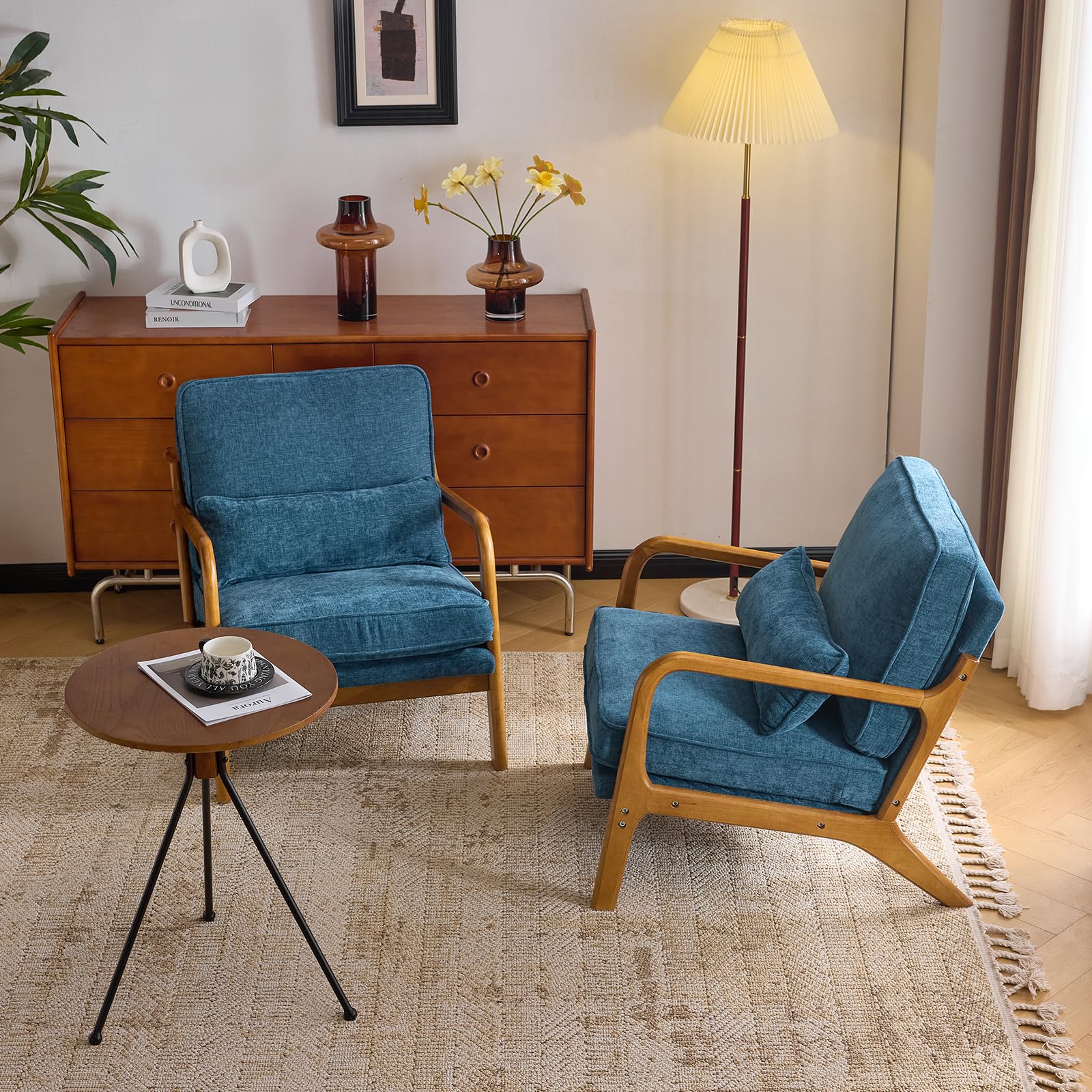 Bonnlo Accent Chair, Soild Wood Padding Lounge Armchairs Set of 2, Occasional Reading Chair with Cushions and Lumbar Pillow, Armchairs for Living Room, Bedroom, Guest Room, Chenille, Blue โ image 1