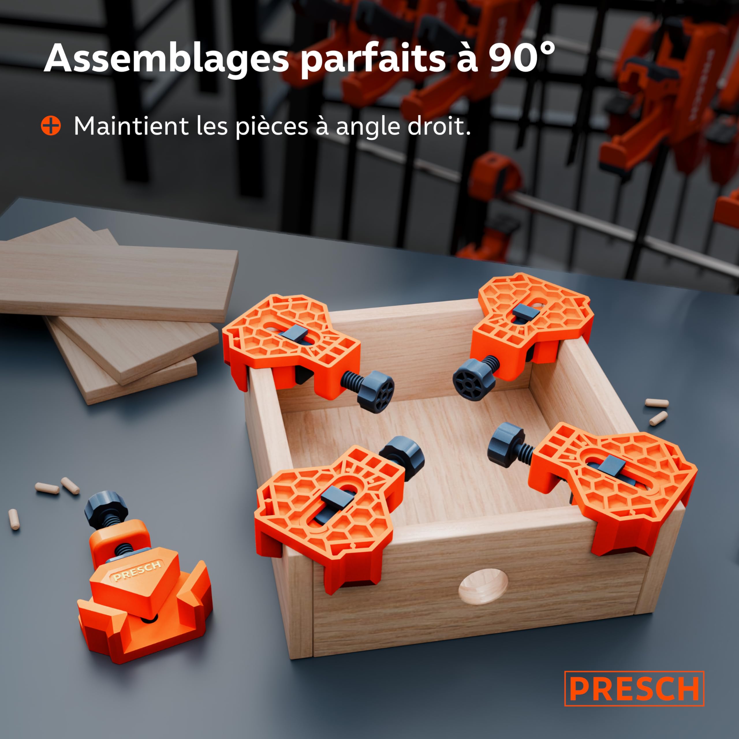 Presch Serre joint angle 4 pcs - Presse d'angle pour épaisseur de panneaux jusqu'à 26 mm - Force de serrage de 25 kg pour le collage - Pince à angle droit en plastique renforcé de fibres de verre
