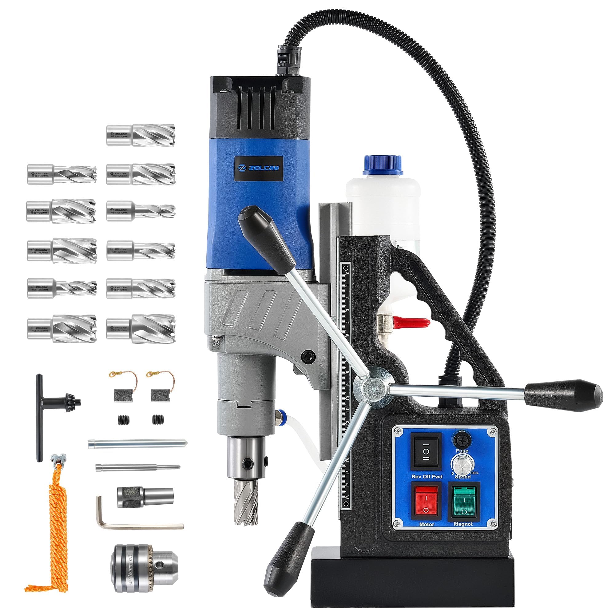 ZELCAN 1550W Trapano a Colonna Magnetico con 11 Punte 13000N Trapano Magnetico a Foratura di 50mm Corsa di 23cm 580 rpm Controllo Reversibile Velocità Continuo per Superfici Metalliche