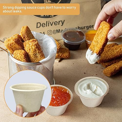 Miniatura 7 de LeonBach Paquete de 150 tazas de salsa de fibra de bagazo natural, pequeños cuencos desechables de papel resistentes para porciones de condimentos,