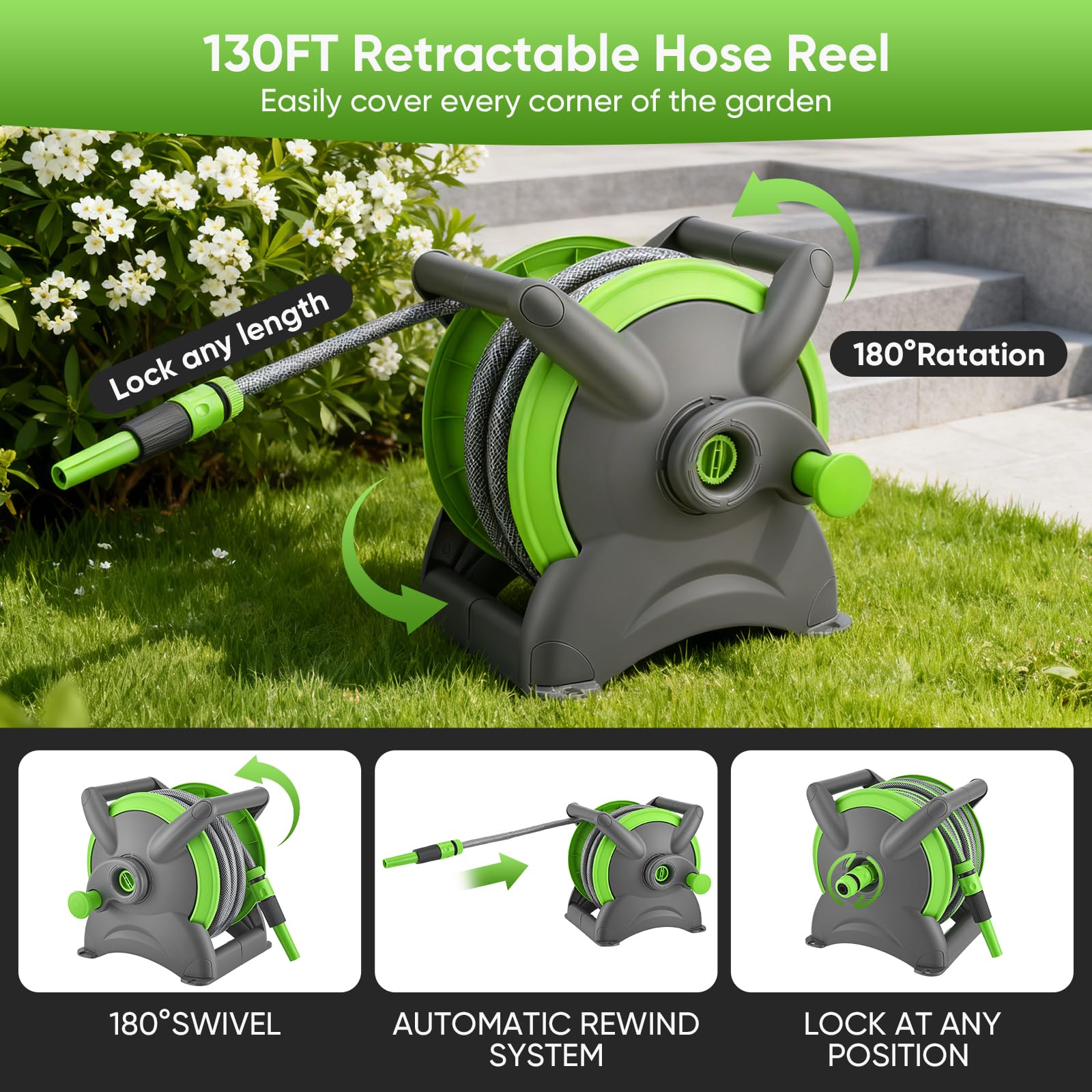 Avvolgitubo Automatico Retrattile 20m, Avvolgitubo da Giardino ad Aria Compressa, Fissaggio a Parete Girevole 180°, Canna Acqua Giardino per Irrigazione Giardino Orto e Pulizia Domestica