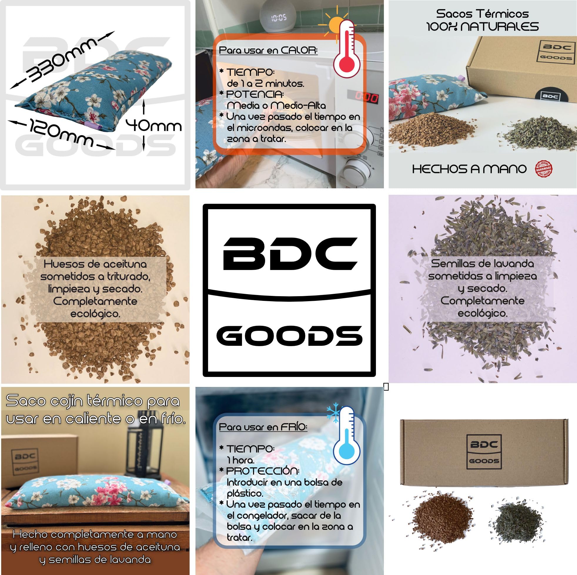 BDC Goods - Saco semillas microondas. Bolsa o cojin térmico para cuello, cervicales, lumbar, menstruación, etc.. o cualquier zona de dolor. Se le aplica frio o calor.