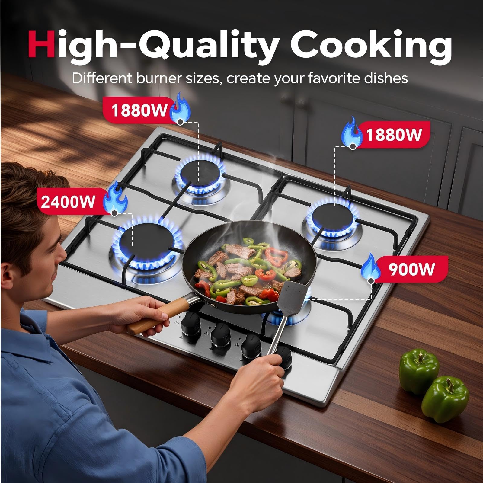 SNDOAS Gas Hob 4 Burners, 60cm Stainless Steel Cooktop, Built-in Gas cooker Hob, 7060W, NG/LPG Convertible, Silver Metallic Finish with Automatic Ignition — view 2