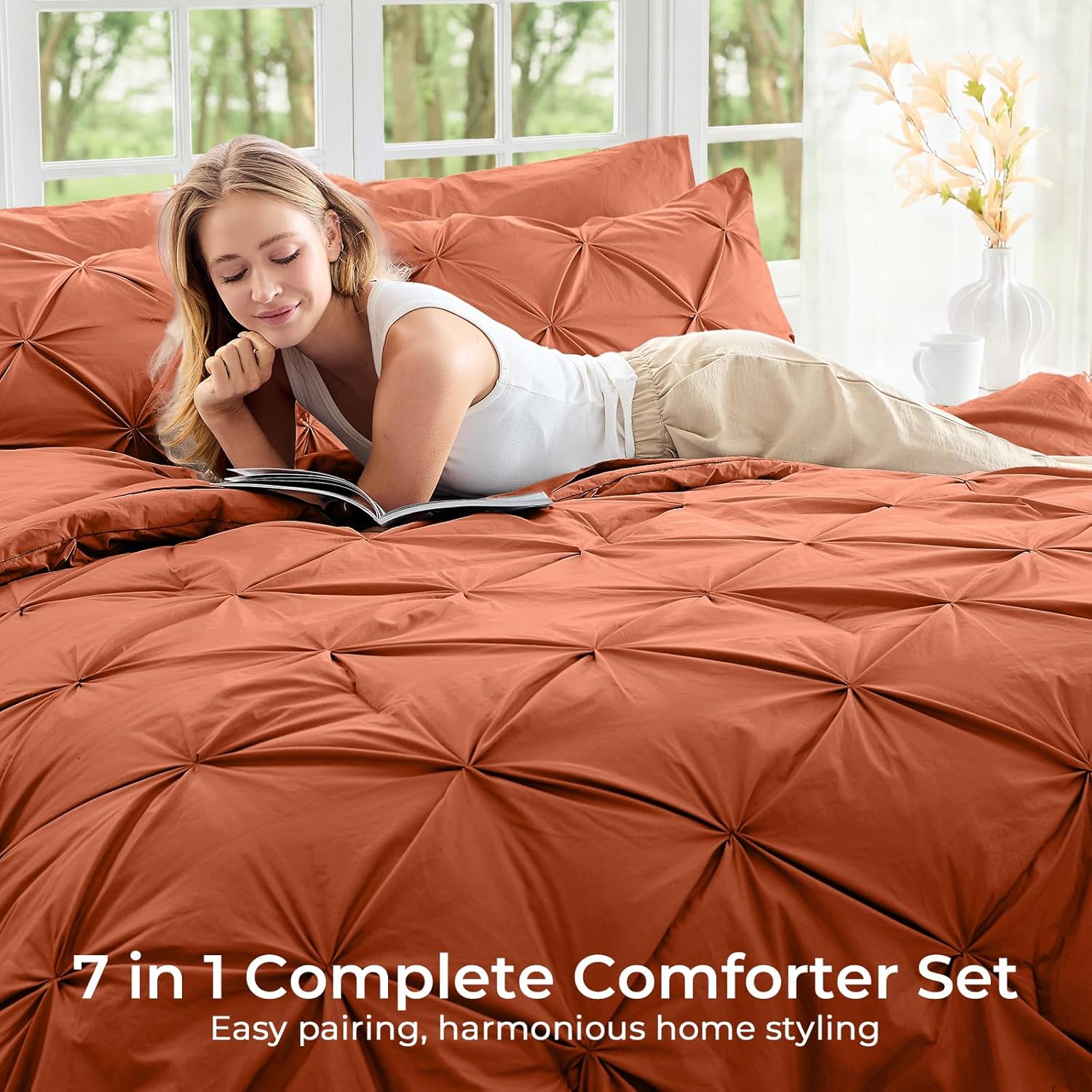 Sasttie Queen Comforter Set, 7-Piece Bed in a Bag, Pintuck Bedding Sets for All Season, Includes Comforter, Flat Sheet, Fitted Sheet, Pillowcases and Pillowshams, Burnt Orange - Image 6