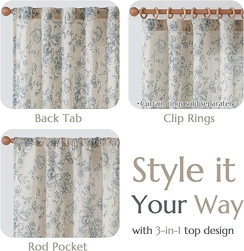 Miniatura 8 de jinchan Cortinas de lino florales para sala de estar de 84 pulgadas de largo, cortinas con estampado azul, bolsillo para barra, pestaña trasera,