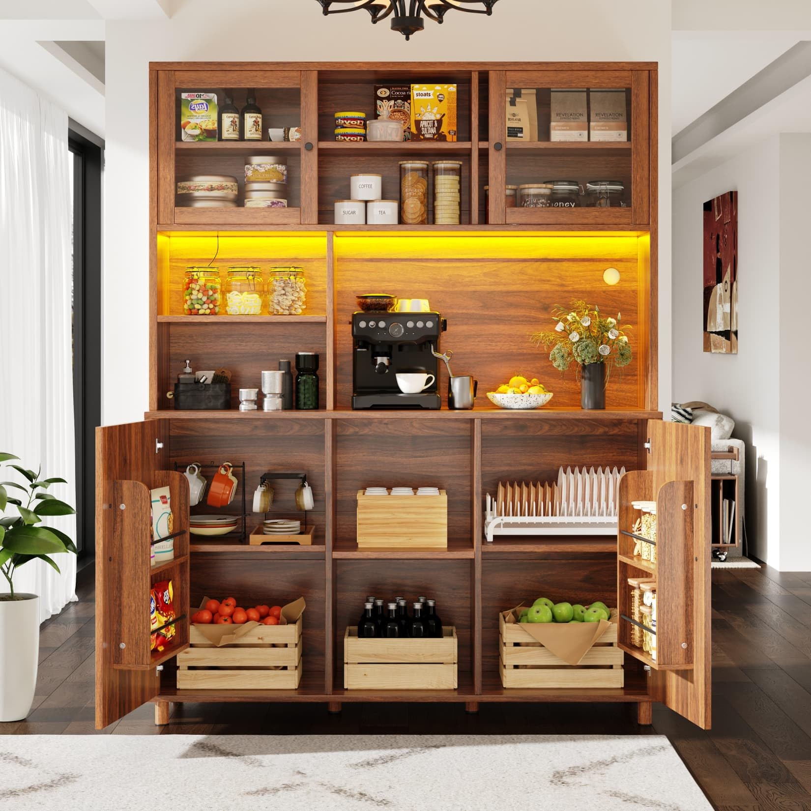 Buffet Haut de Cuisine,Armoire de Salon Moderne,Buffet Salle a Manger,Meuble de Rangemen avec étagères réglables et éclairage LED,2 Portes coulissante en Verre,140x40x185cm (Marron Noyer)