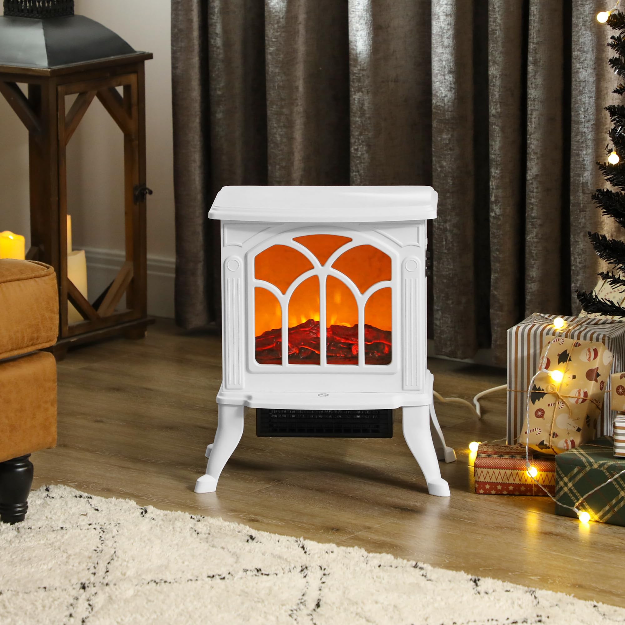 HOMCOM Camino elettrico su piedistallo 750/1500 W, falso camino decorativo con effetto fiamma LED, protezione contro il surriscaldamento, area di copertura 15-20 m², bianco